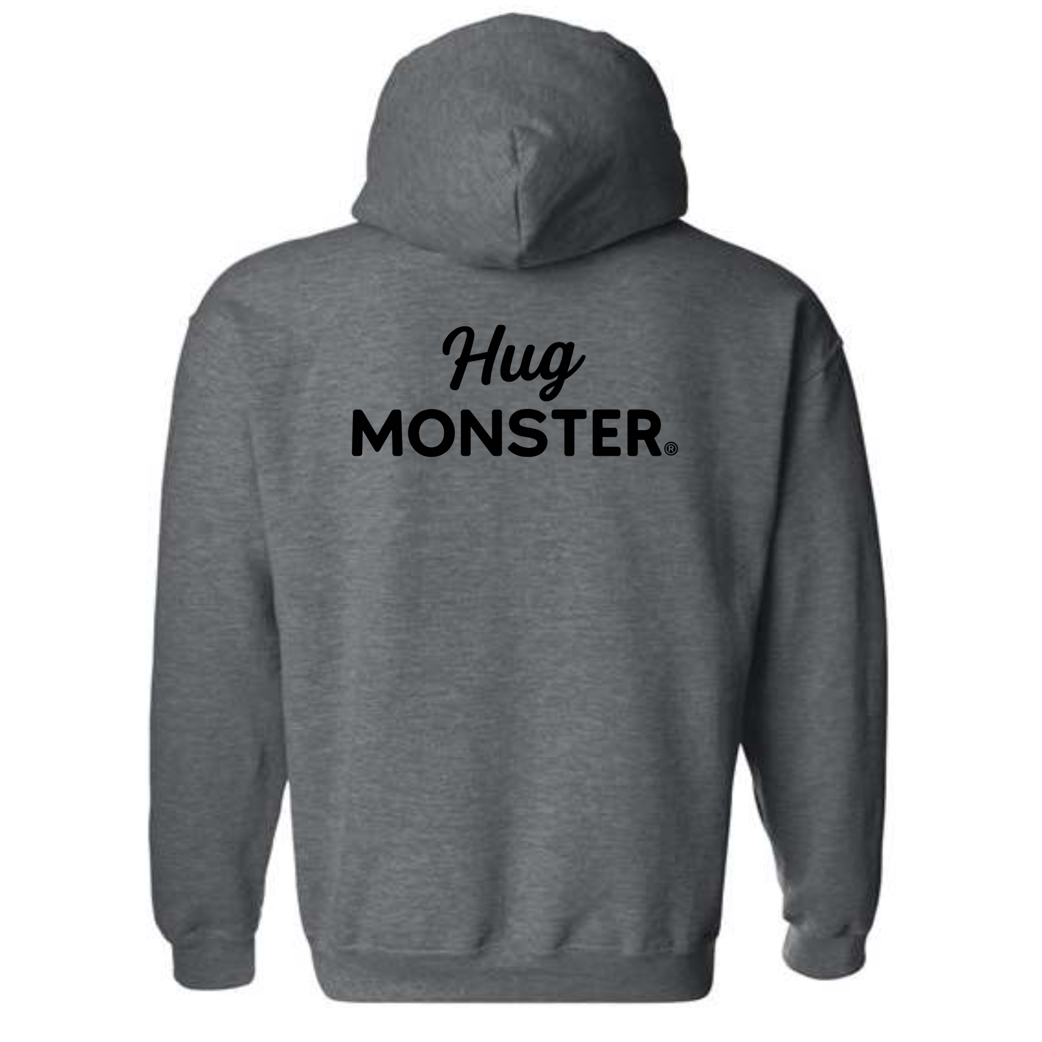Hug Monster Black Split Script graphic hoodie in Dark Heather Grey cozy fleece positive message sweatshirt