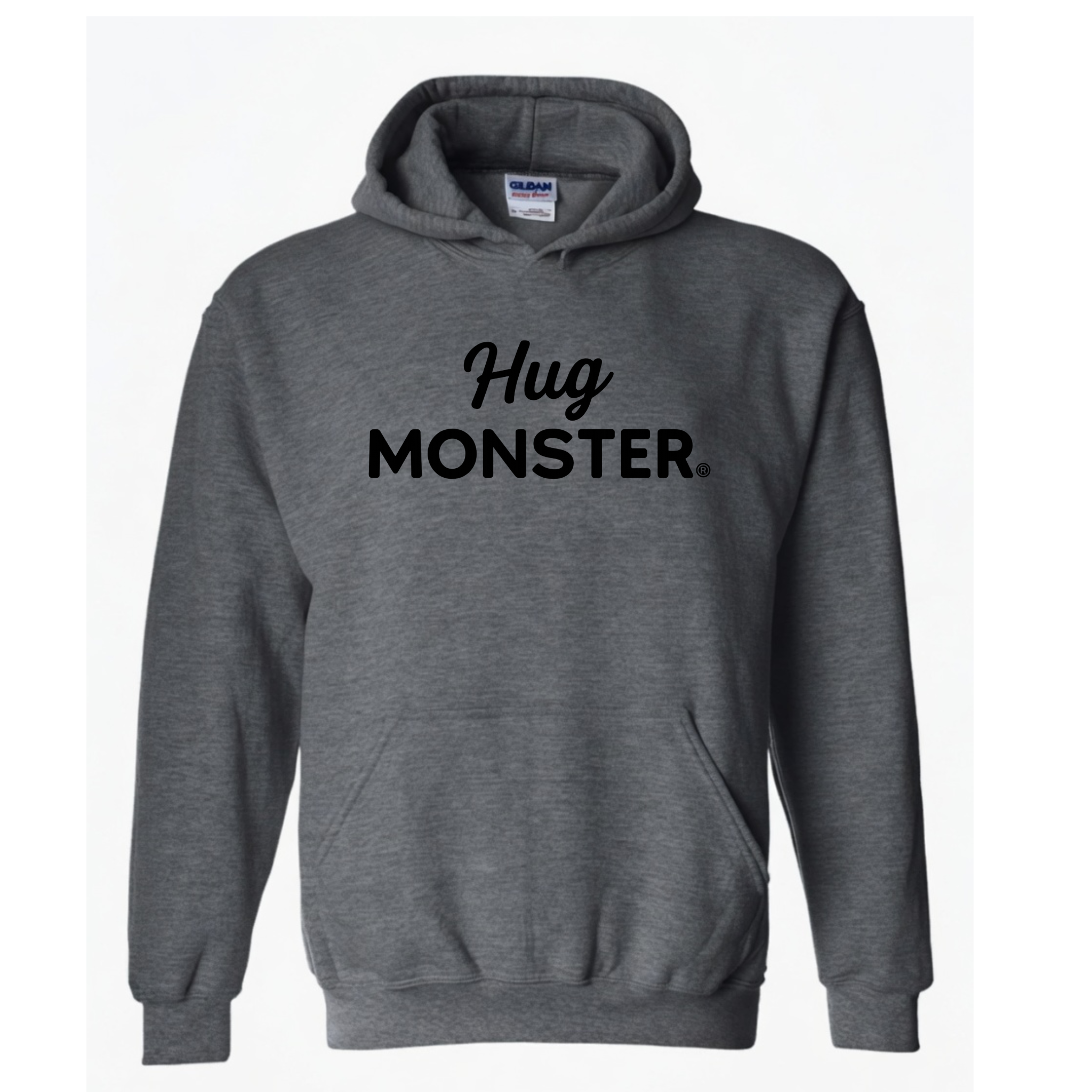 Hug Monster Black Split Script graphic hoodie in Dark Heather Grey cozy fleece positive message sweatshirt
