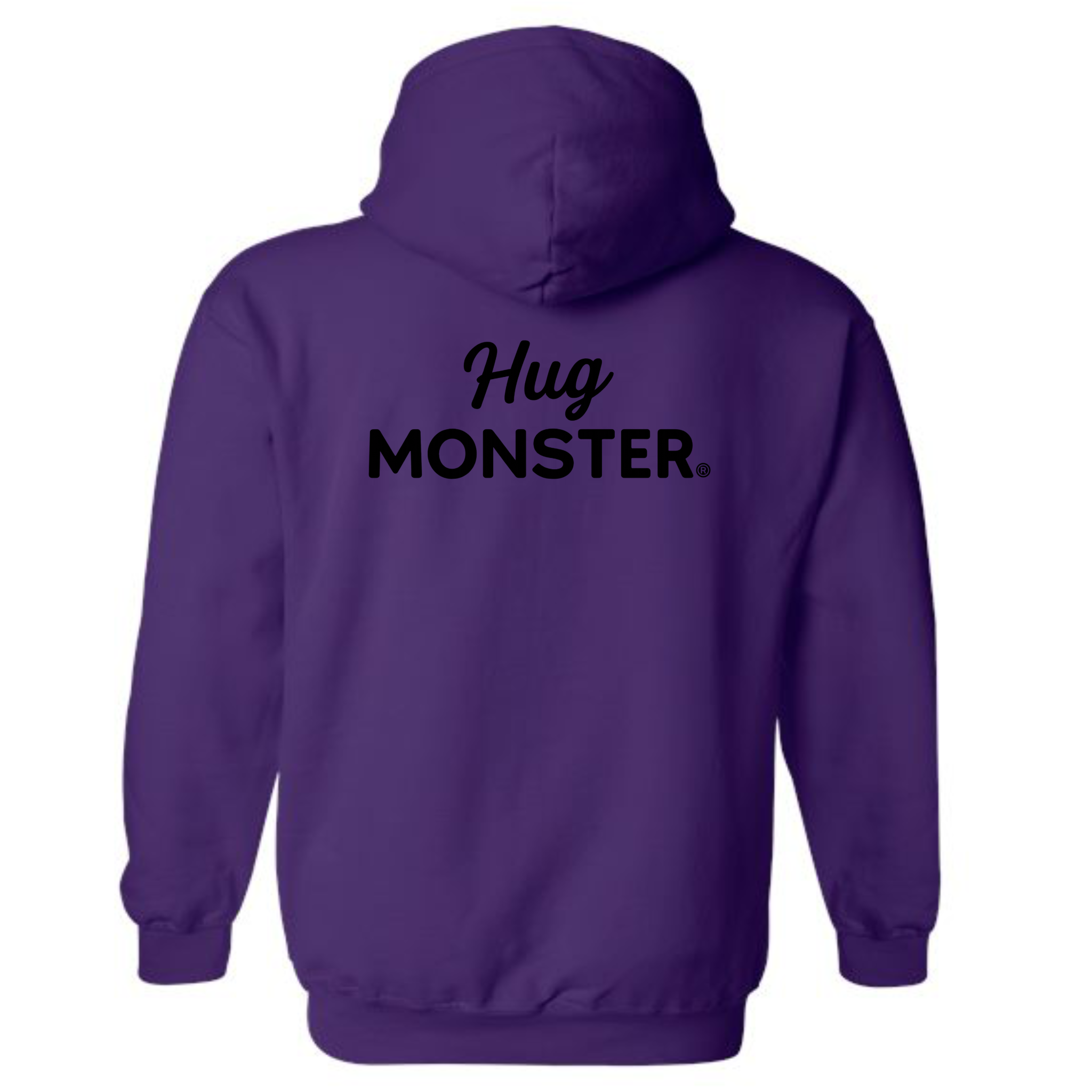 Hug Monster Black Split Script graphic hoodie in Purple cozy fleece positive message sweatshirt