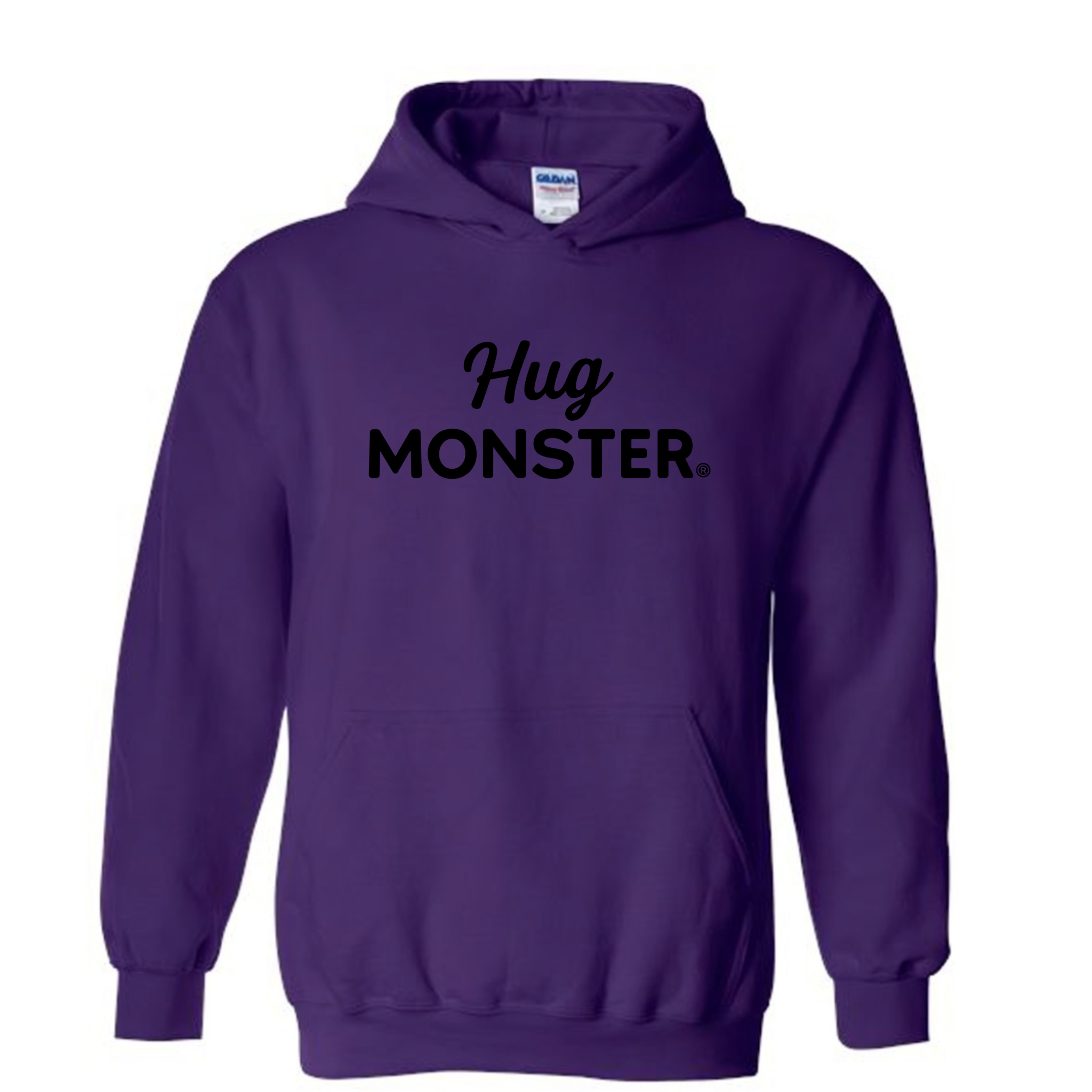 Hug Monster Black Split Script graphic hoodie in Purple cozy fleece positive message sweatshirt