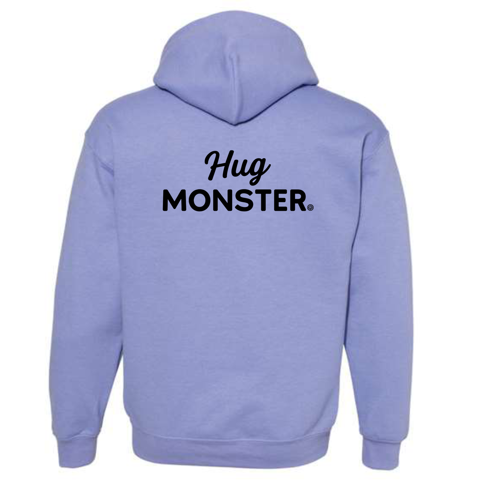 Hug Monster Black Split Script graphic hoodie in Violet cozy fleece positive message sweatshirt