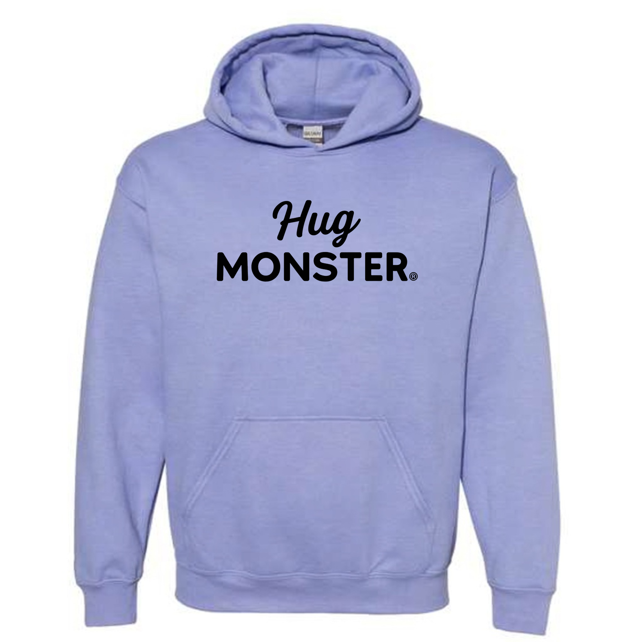 Hug Monster Black Split Script graphic hoodie in Violet cozy fleece positive message sweatshirt