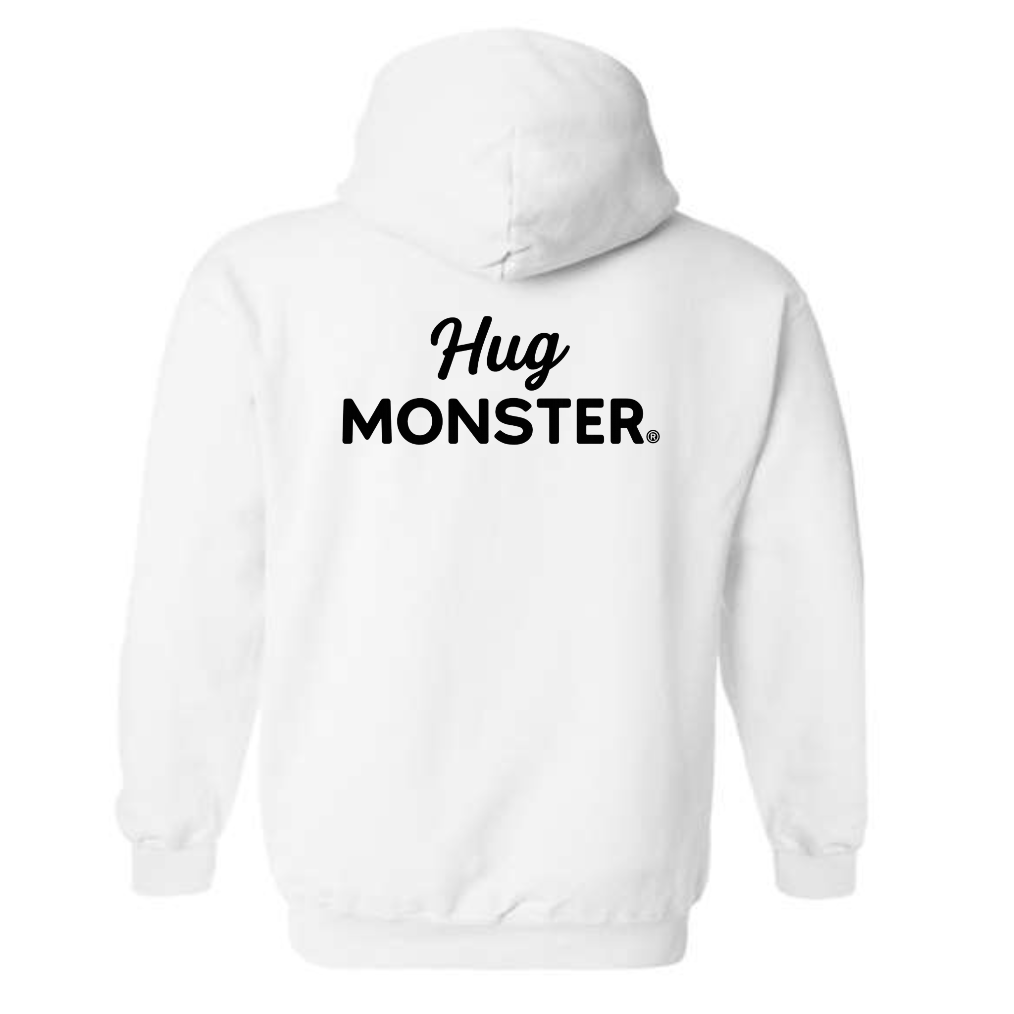 Hug Monster Black Split Script graphic hoodie in White cozy fleece positive message sweatshirt