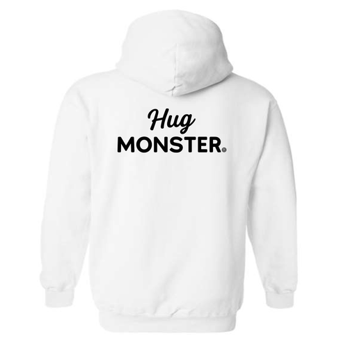 Hug Monster Black Split Script graphic hoodie in White cozy fleece positive message sweatshirt