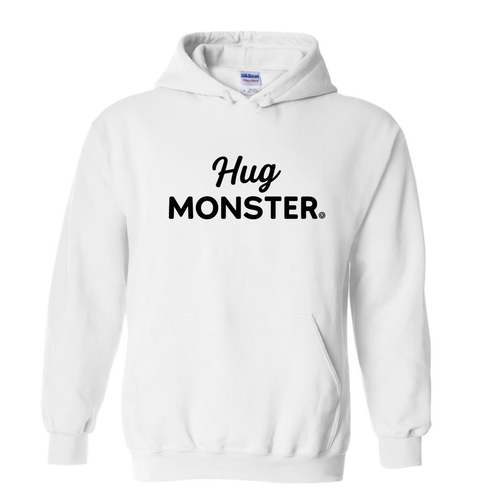 Hug Monster Black Split Script graphic hoodie in White cozy fleece positive message sweatshirt