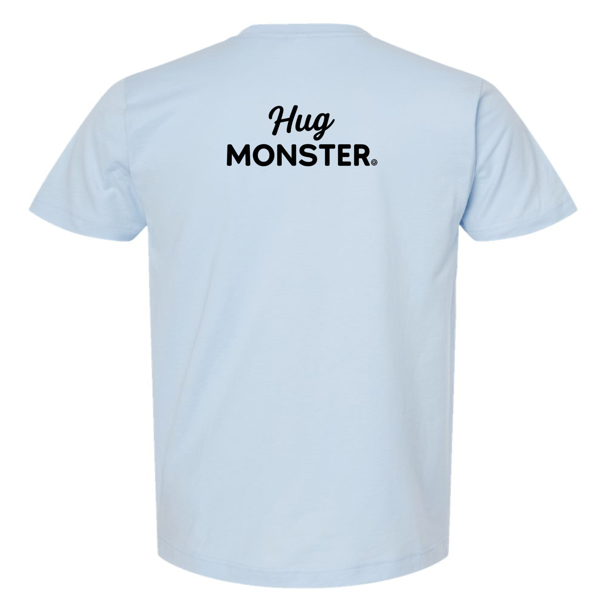 Hug Monster Black Split Script T-Shirt - Positive Message Graphic Tee in Baby Blue – Back View