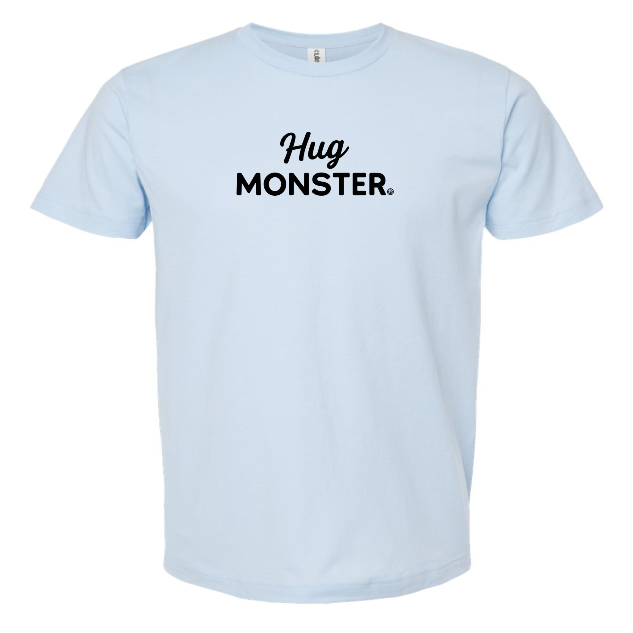 Hug Monster Black Split Script T-Shirt - Positive Message Graphic Tee in Baby Blue – Front View
