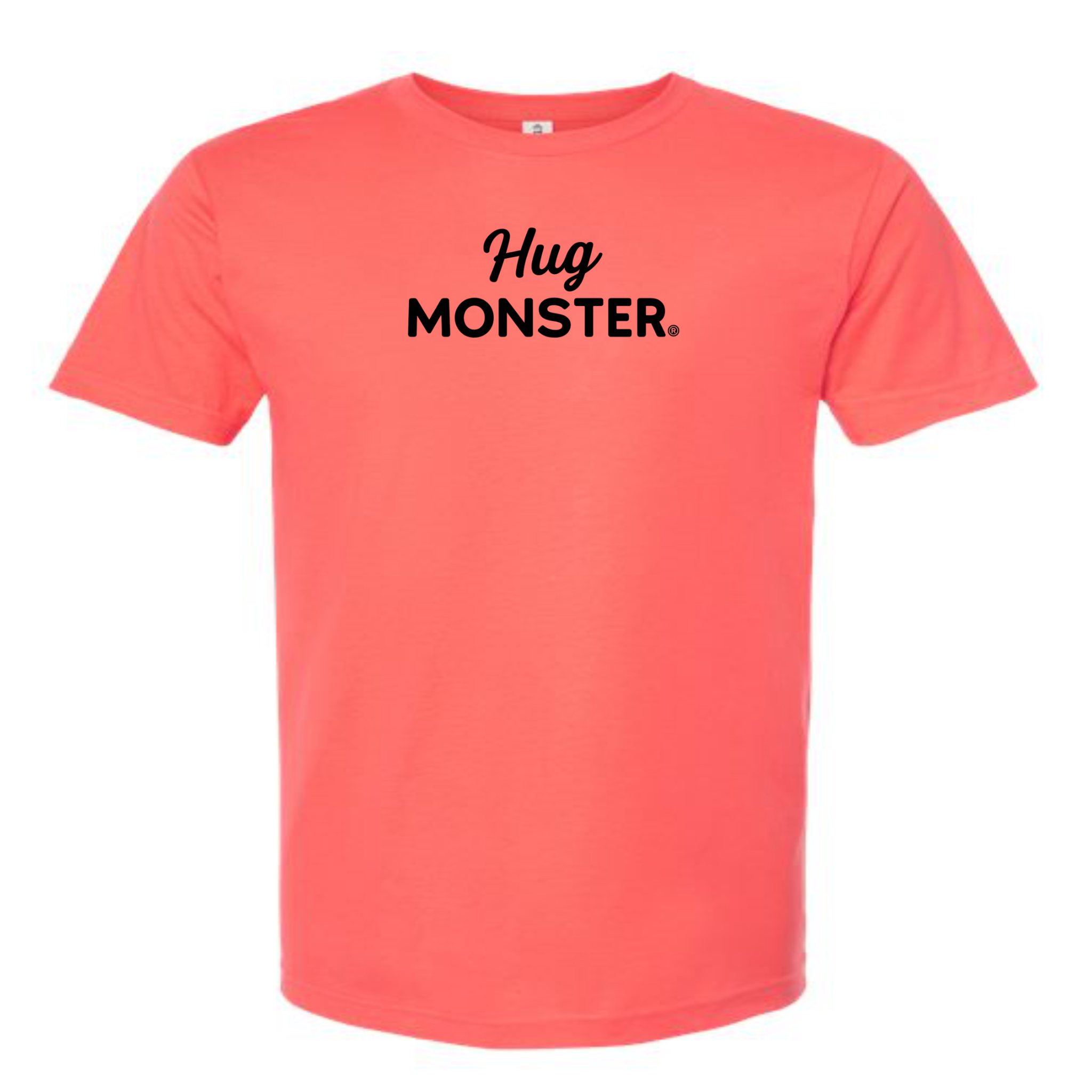 Hug Monster Black Split Script T-Shirt - Positive Message Graphic Tee in Bright Coral – Front View
