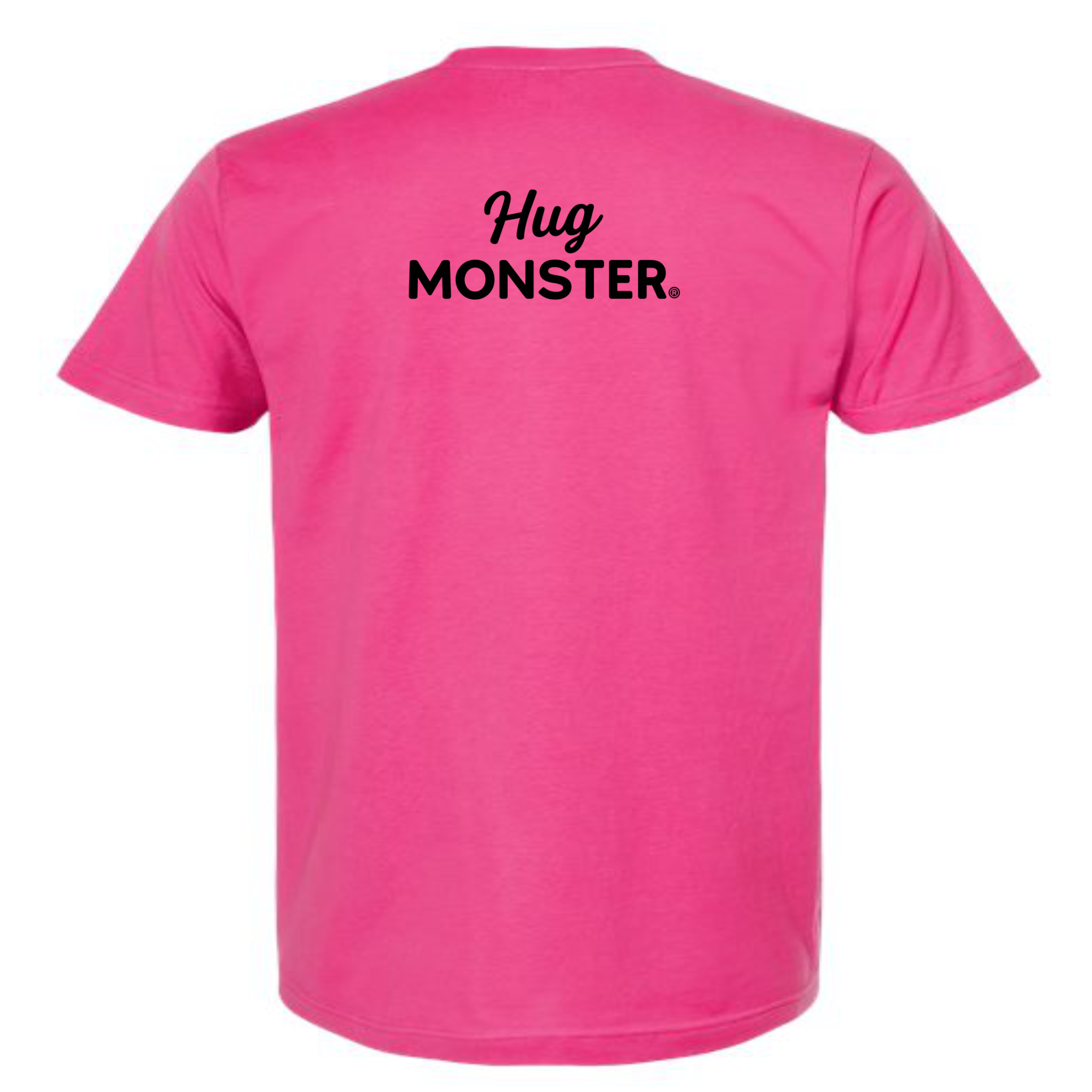 Hug Monster Black Split Script T-Shirt - Positive Message Graphic Tee in Bright Fuscia – Back View