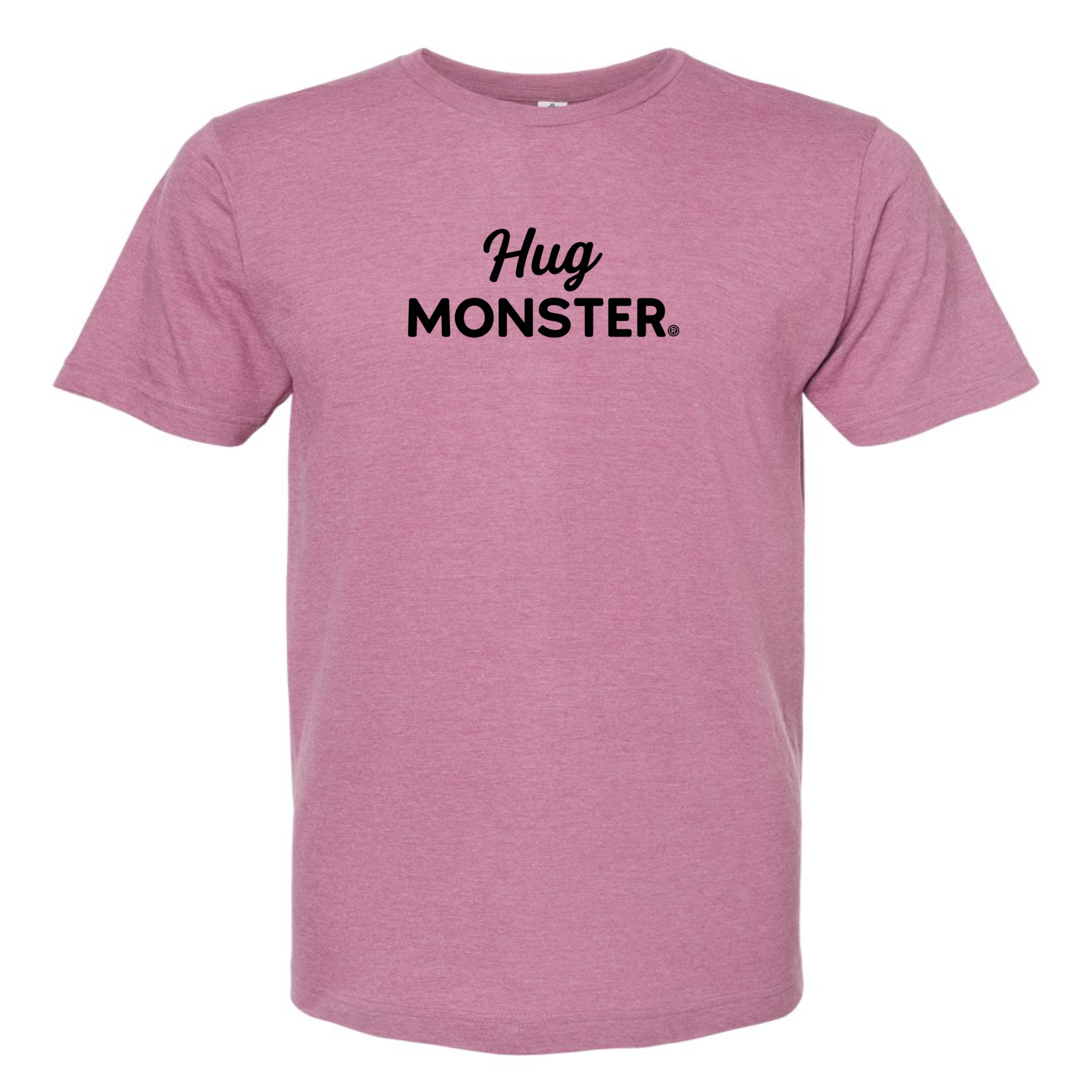 Hug Monster Black Split Script T-Shirt - Positive Message Graphic Tee in Heather Dusty Rose Pink – Front View