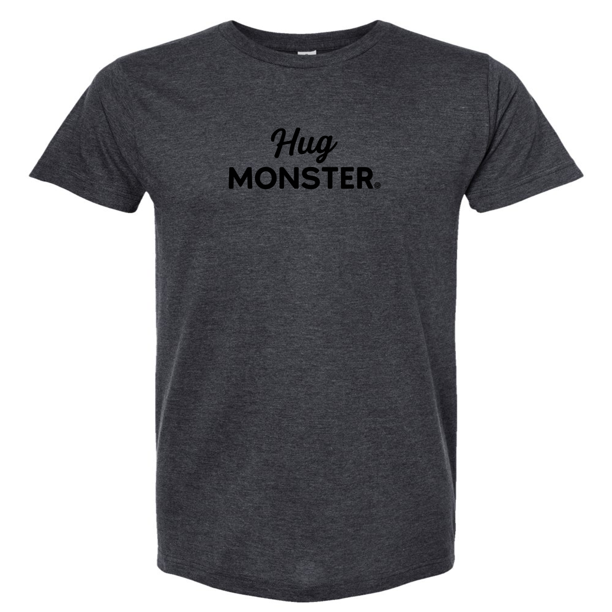 Hug Monster Black Split Script T-Shirt - Positive Message Graphic Tee in Heather Graphite – Front View