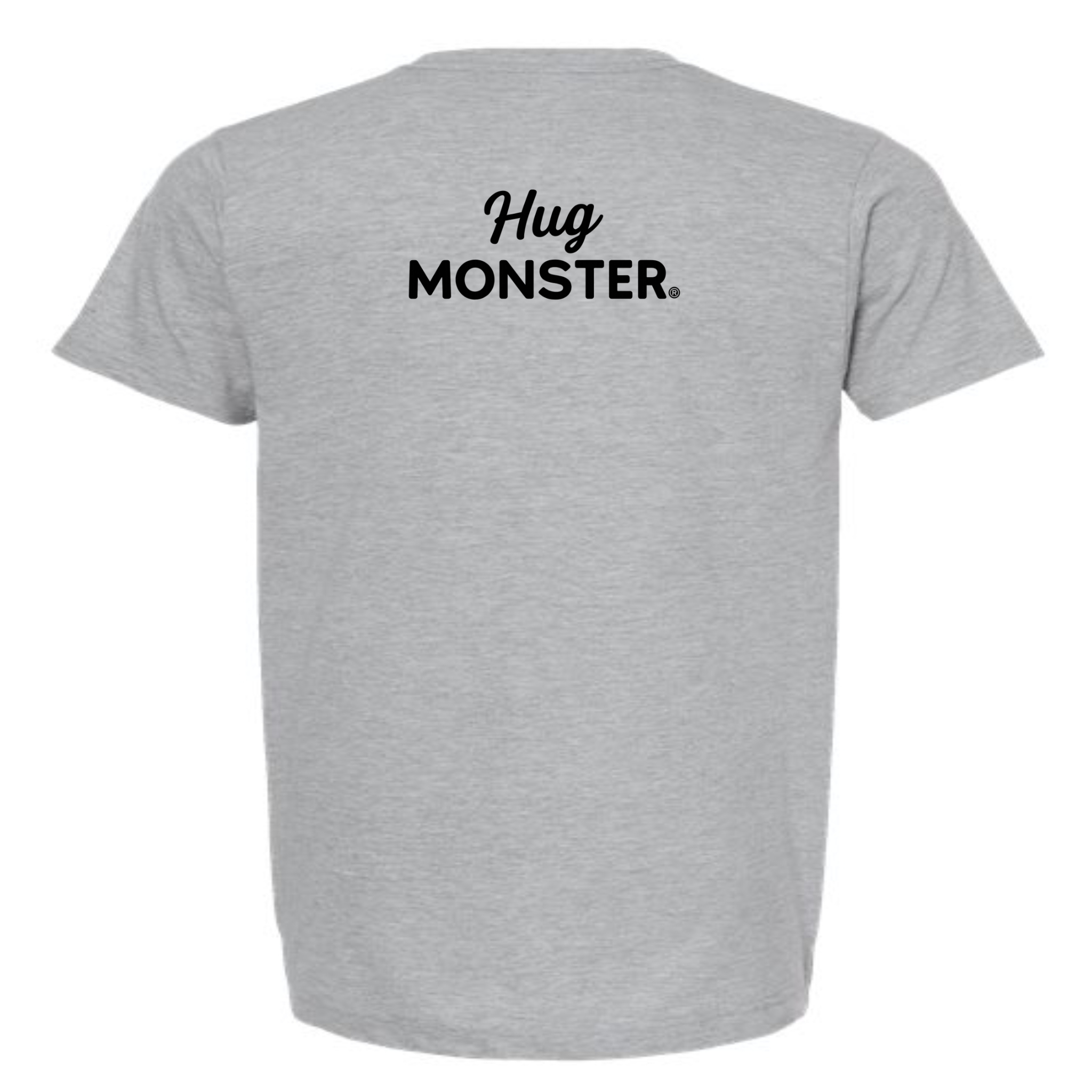 Hug Monster Black Split Script T-Shirt - Positive Message Graphic Tee in Heather Grey – Back View