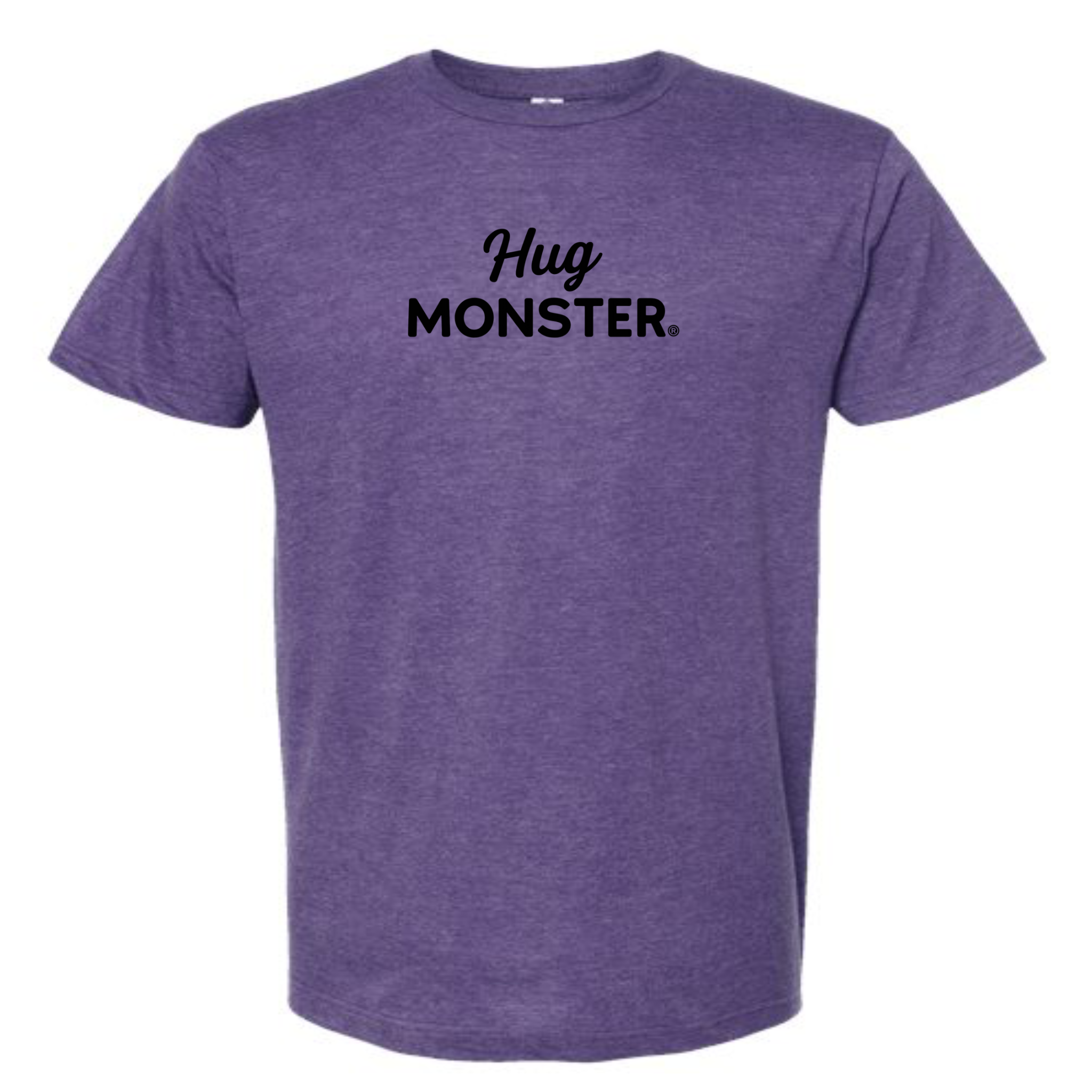 Hug Monster Black Split Script T-Shirt - Positive Message Graphic Tee in Heather Purple – Front View