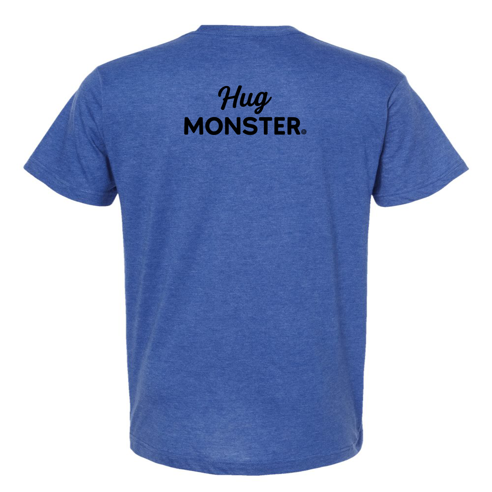 Hug Monster Black Split Script T-Shirt - Positive Message Graphic Tee in Heather Royal Blue – Back View