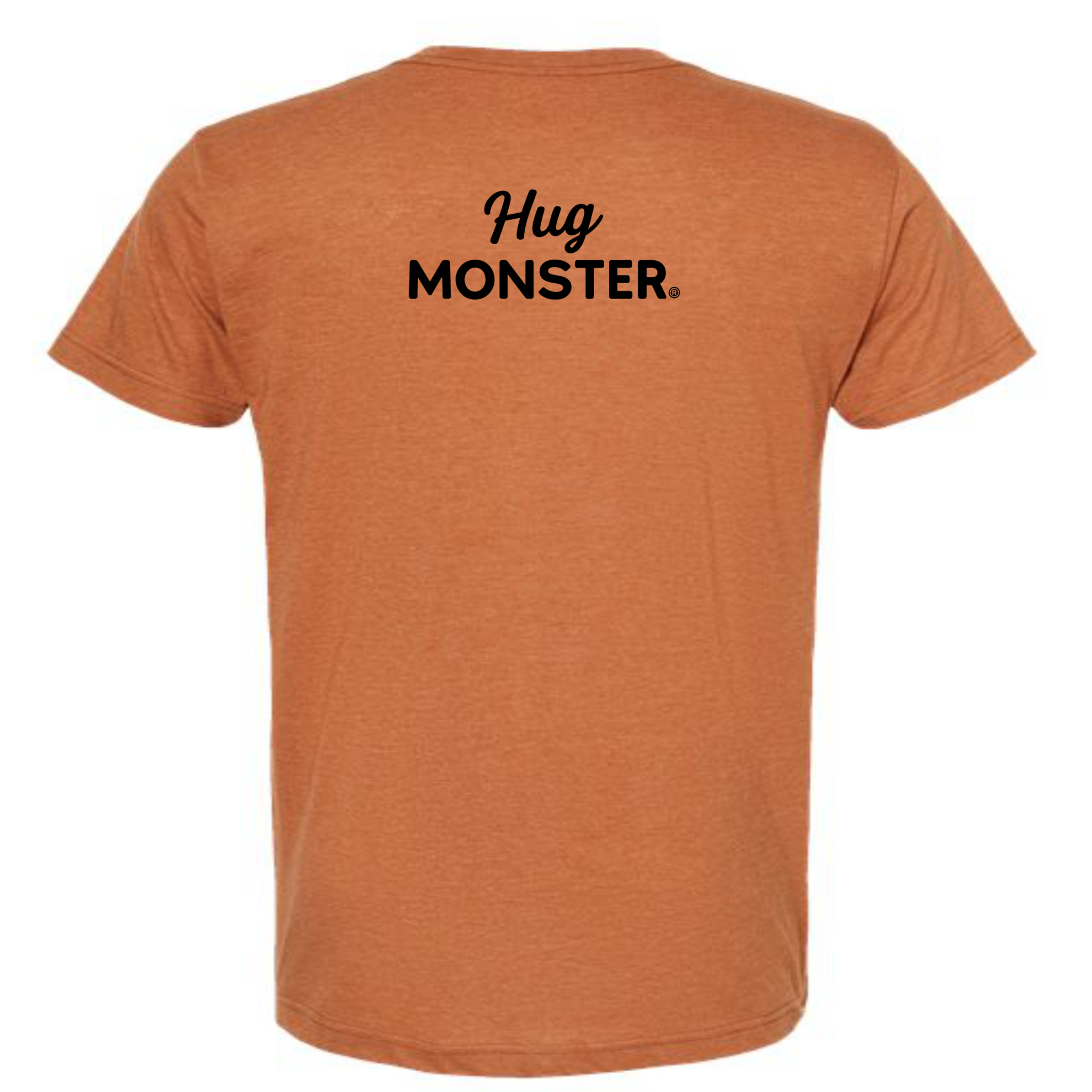 Hug Monster Black Split Script T-Shirt - Positive Message Graphic Tee in Heather Rust – Back View