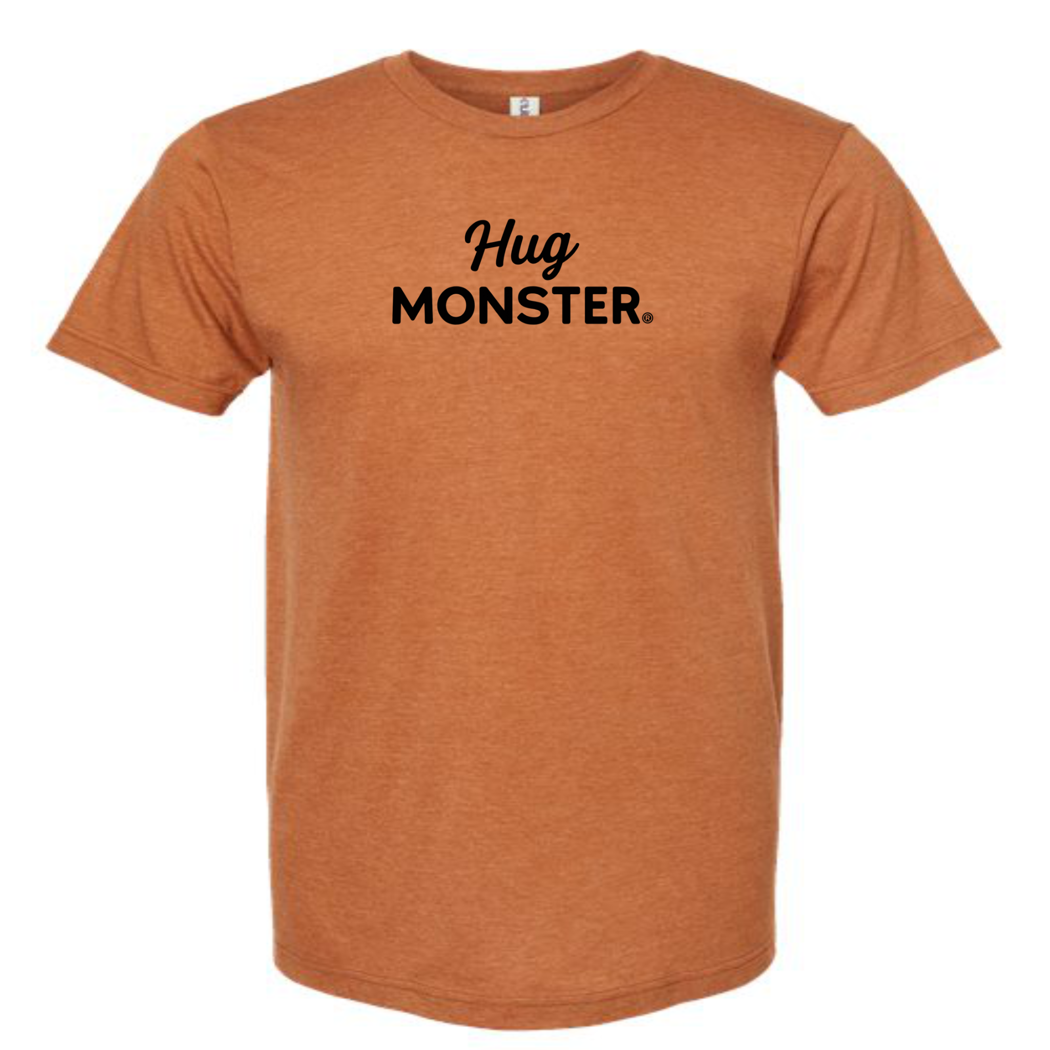 Hug Monster Black Split Script T-Shirt - Positive Message Graphic Tee in Heather Rust – Front View