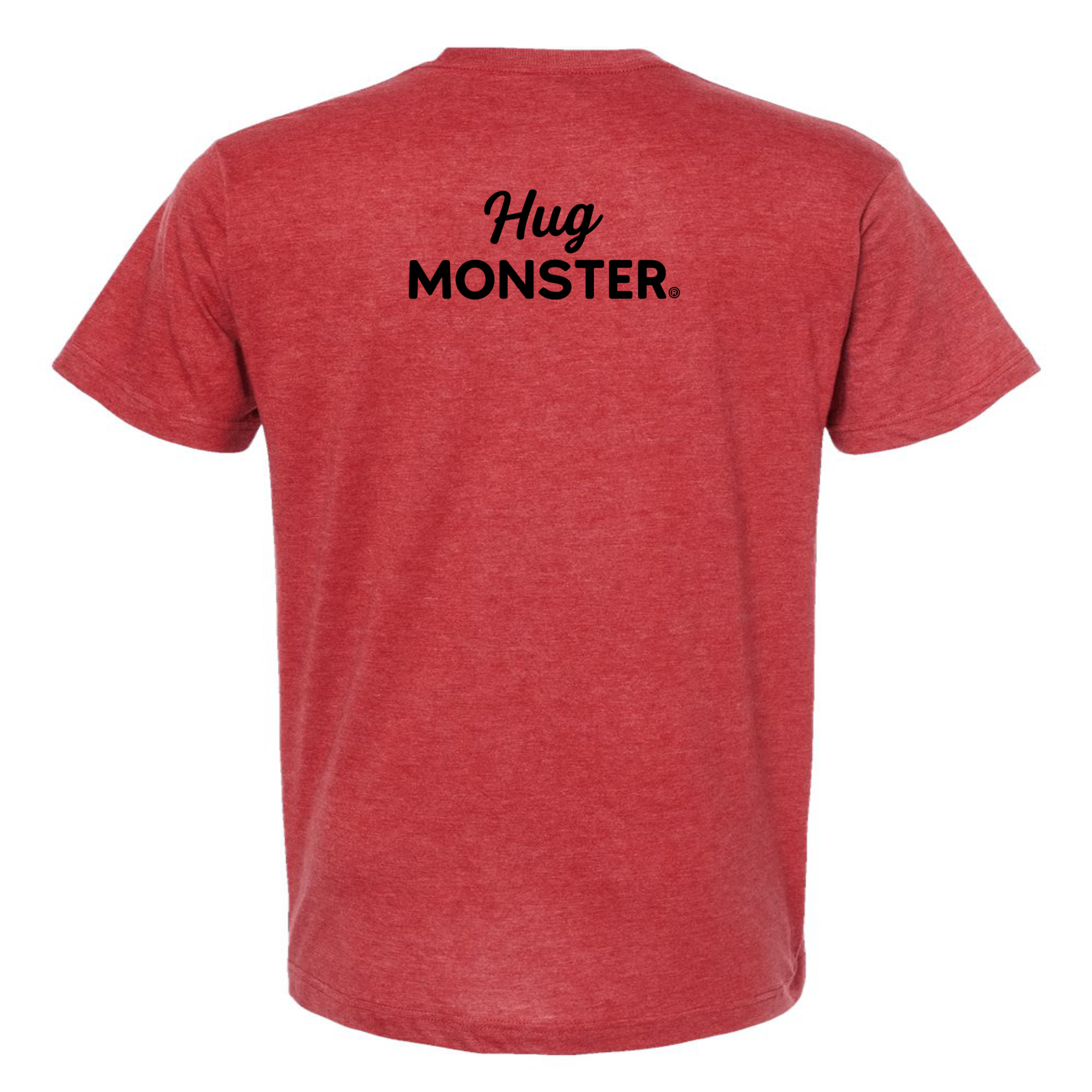Hug Monster Black Split Script T-Shirt - Positive Message Graphic Tee in Heather Scarlet Red – Back View