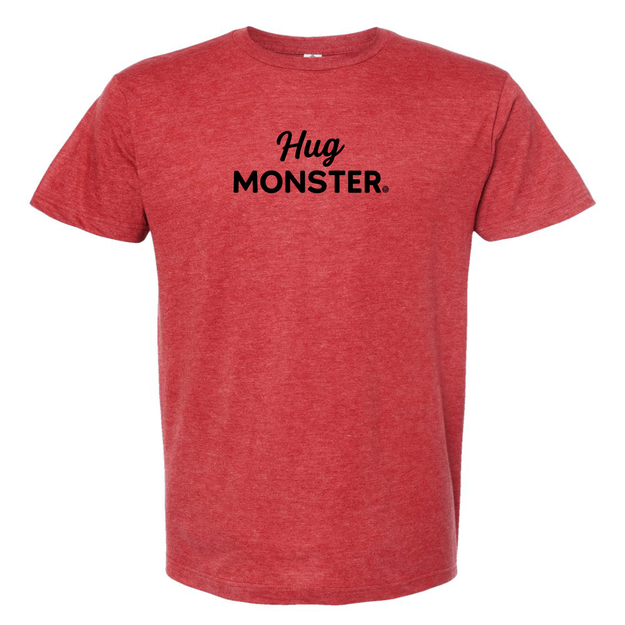 Hug Monster Black Split Script T-Shirt - Positive Message Graphic Tee in Heather Scarlet Red – Front View