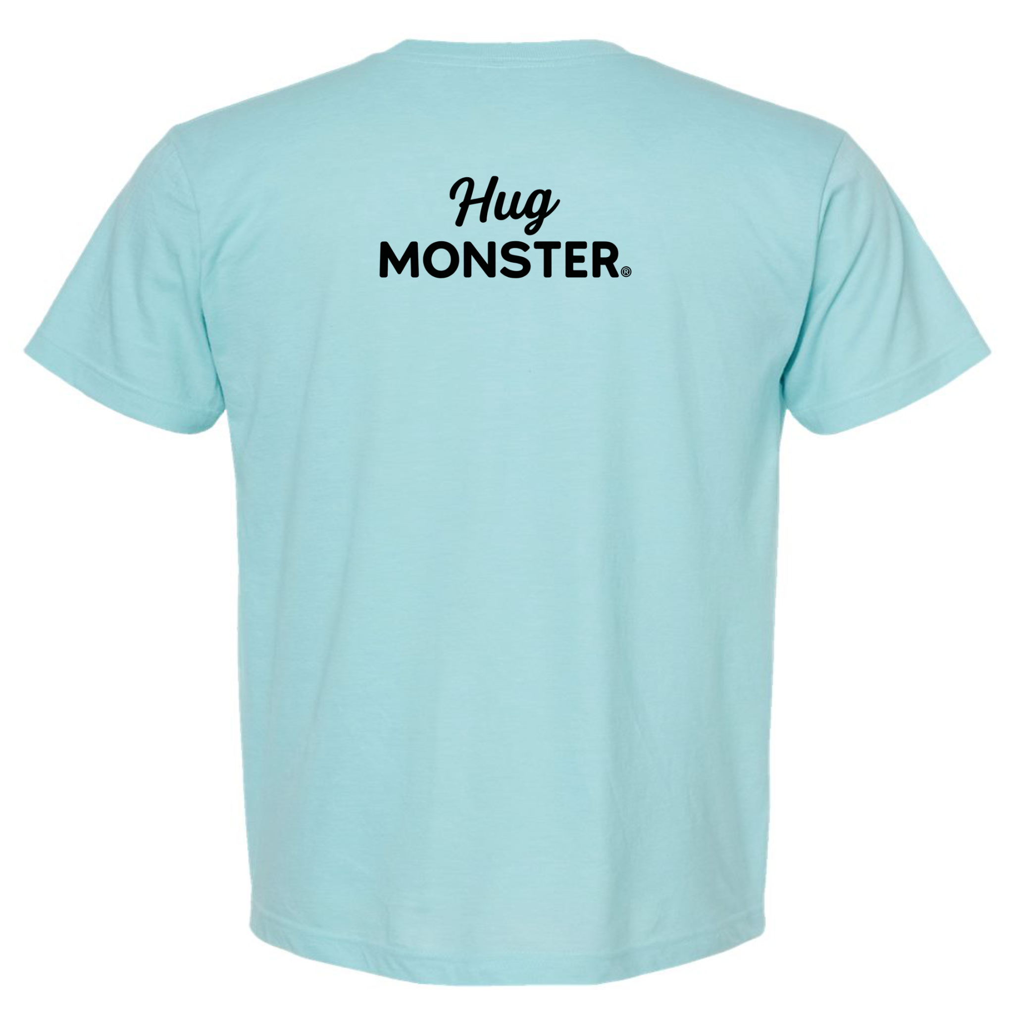Hug Monster Black Split Script T-Shirt - Positive Message Graphic Tee in Heather Turquoise – Back View