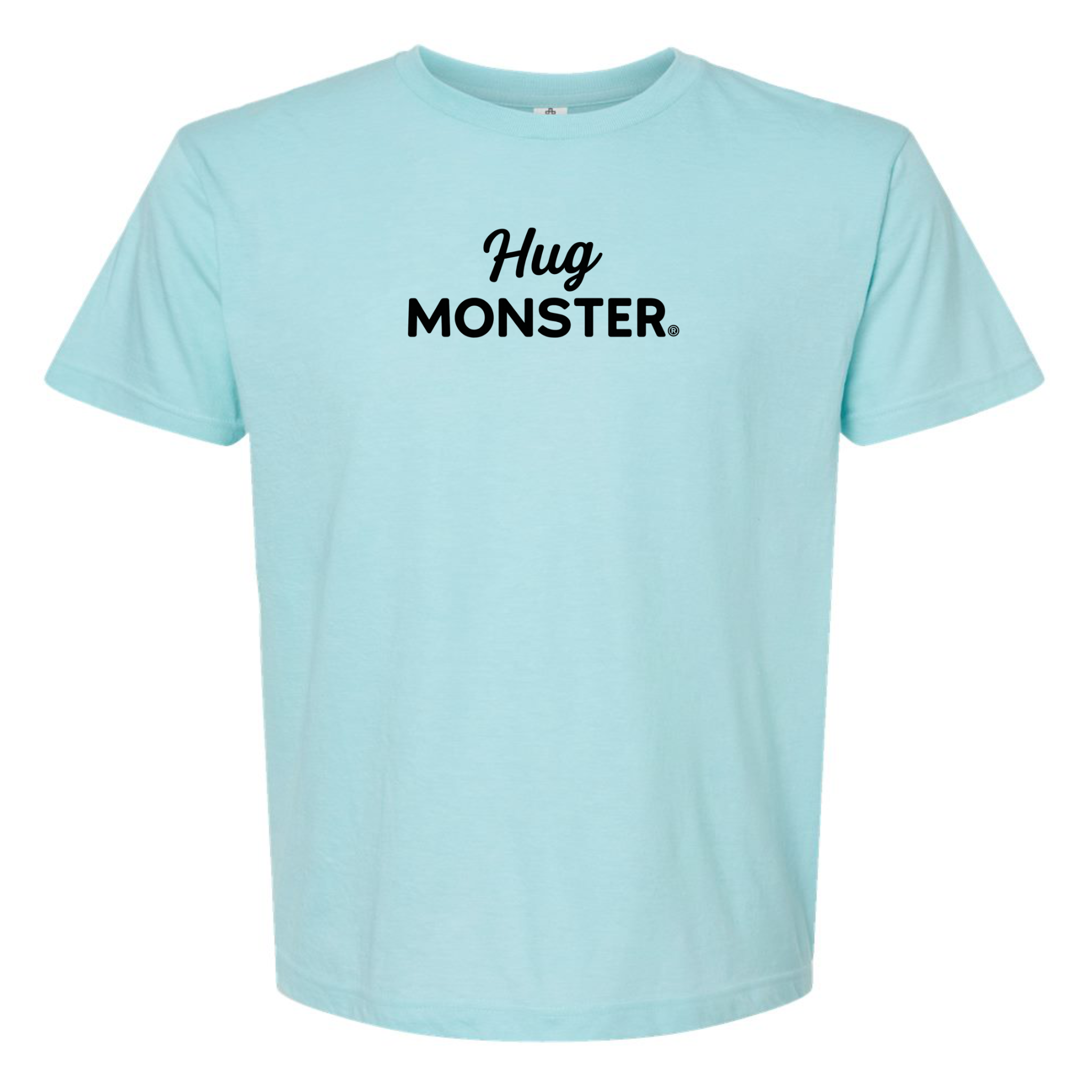Hug Monster Black Split Script T-Shirt - Positive Message Graphic Tee in Heather Turquoise – Front View