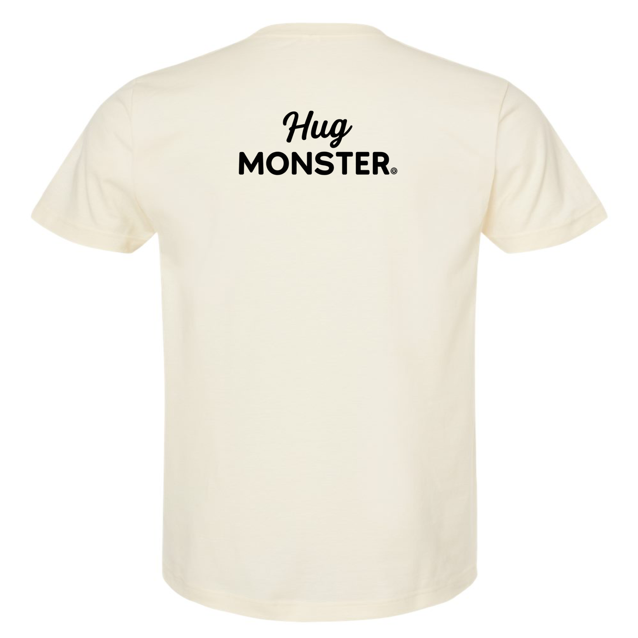 Hug Monster Black Split Script T-Shirt - Positive Message Graphic Tee in Natural – Back View