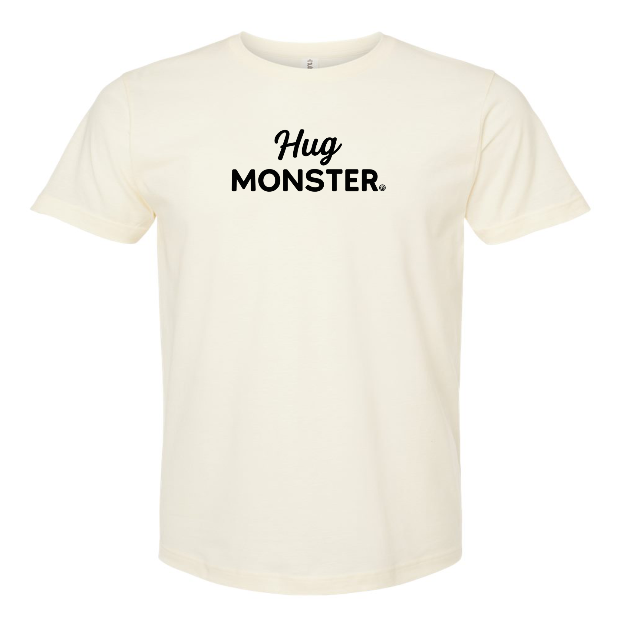 Hug Monster Black Split Script T-Shirt - Positive Message Graphic Tee in Natural – Front View