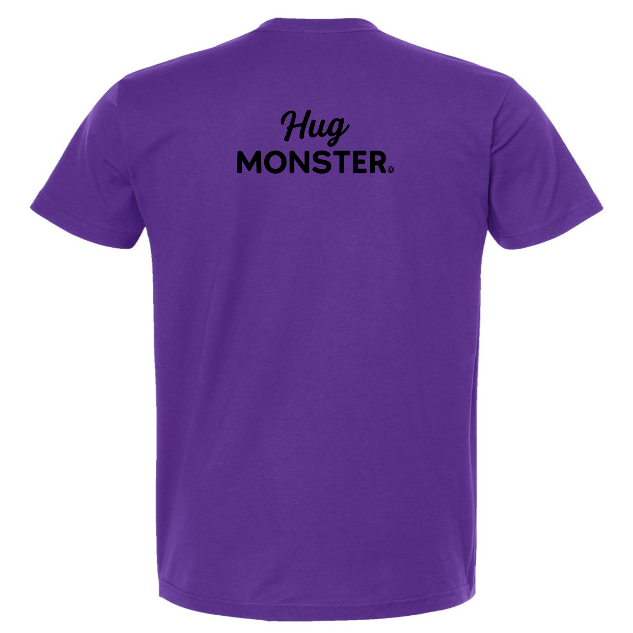 Hug Monster Black Split Script T-Shirt - Positive Message Graphic Tee in Purple – Back View
