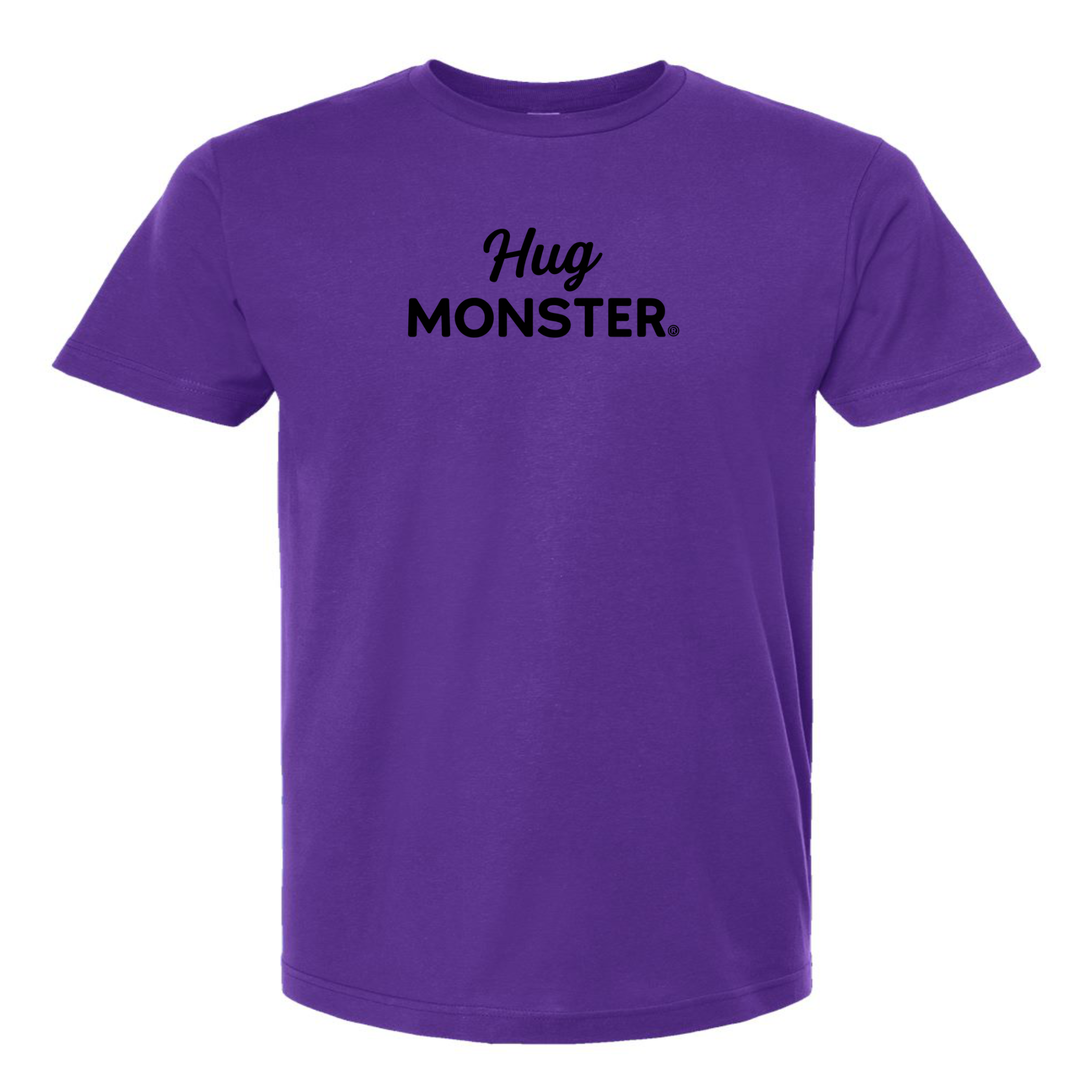 Hug Monster Black Split Script T-Shirt - Positive Message Graphic Tee in Purple – Front View