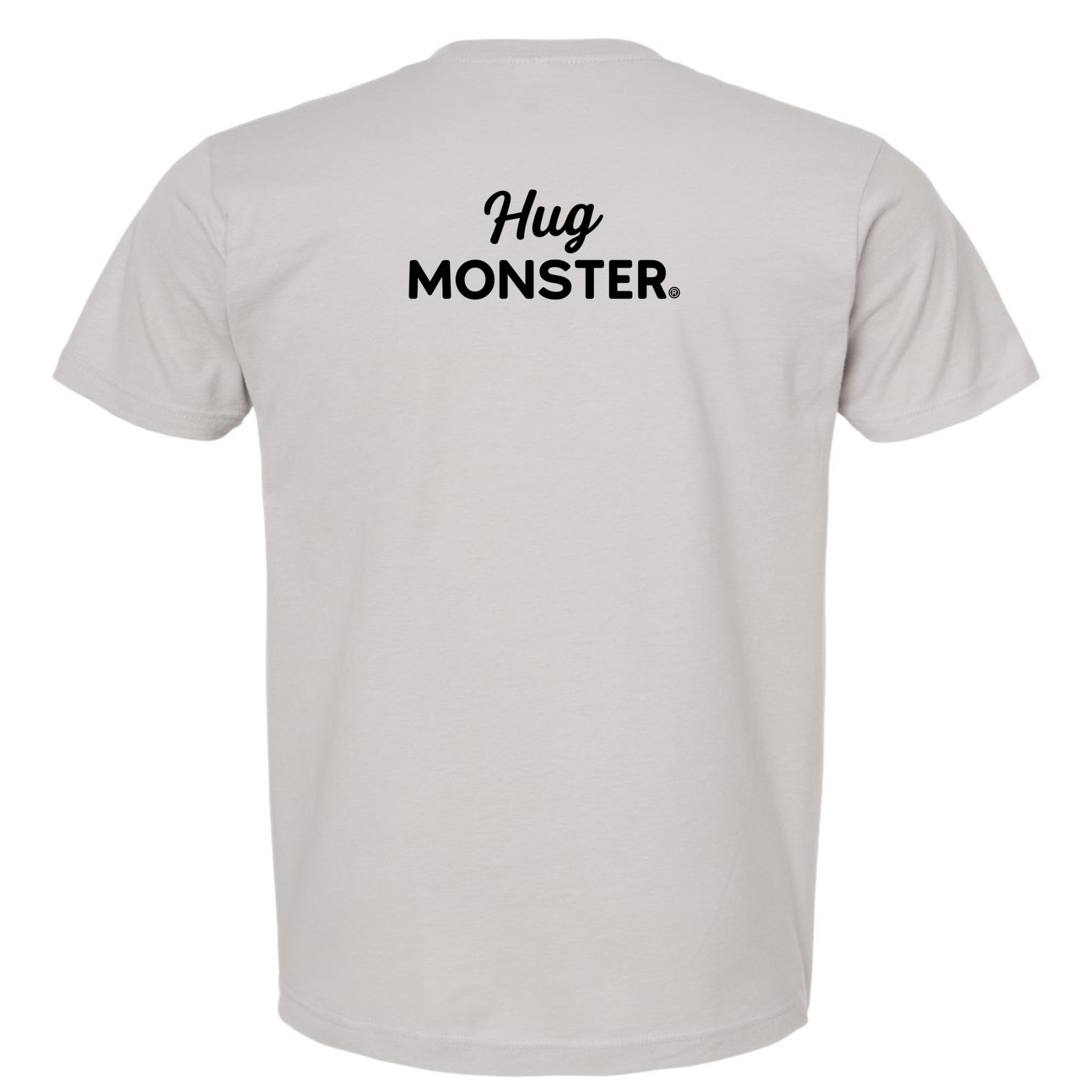 Hug Monster Black Split Script T-Shirt - Positive Message Graphic Tee in Silver – Back View