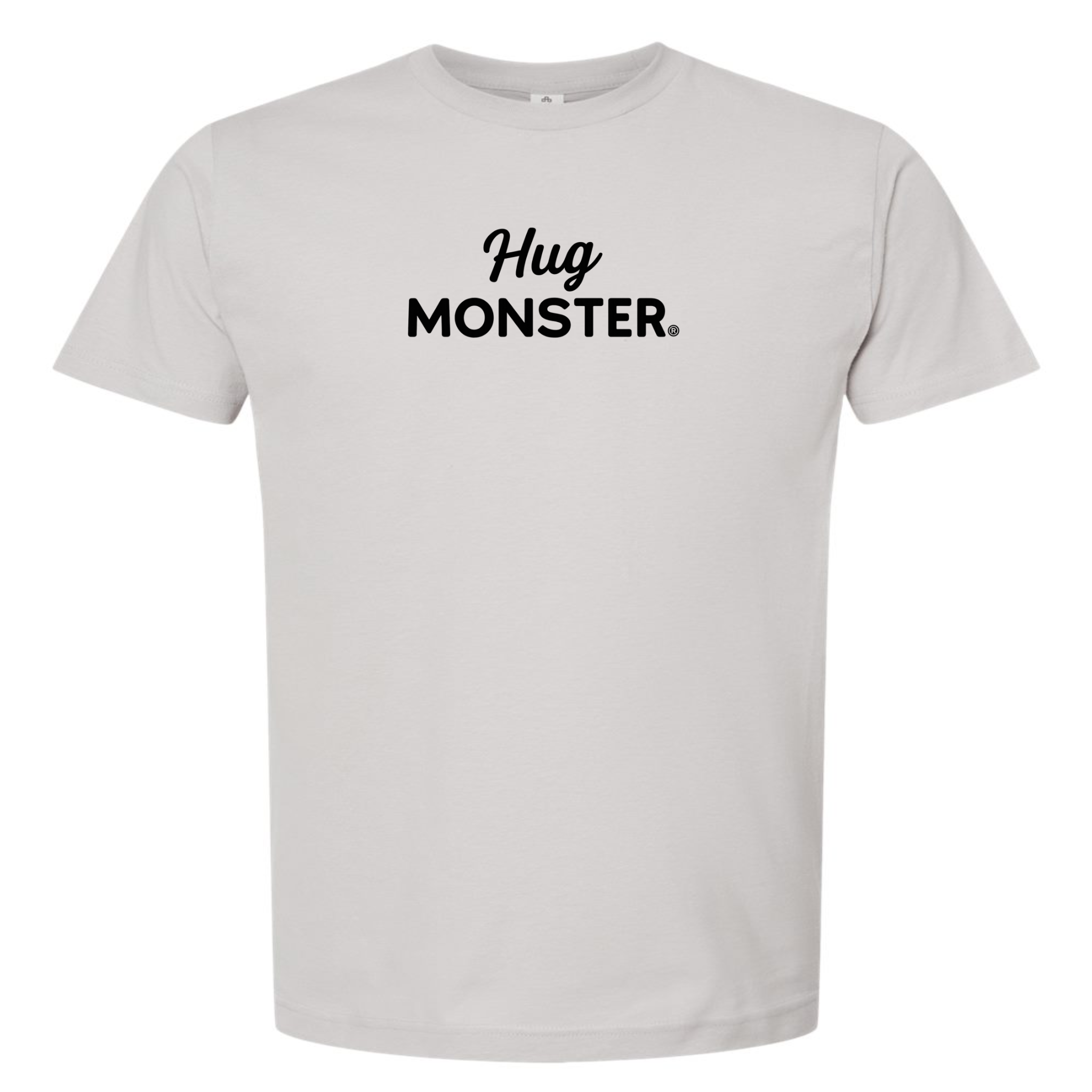 Hug Monster Black Split Script T-Shirt - Positive Message Graphic Tee in Silver – Front View
