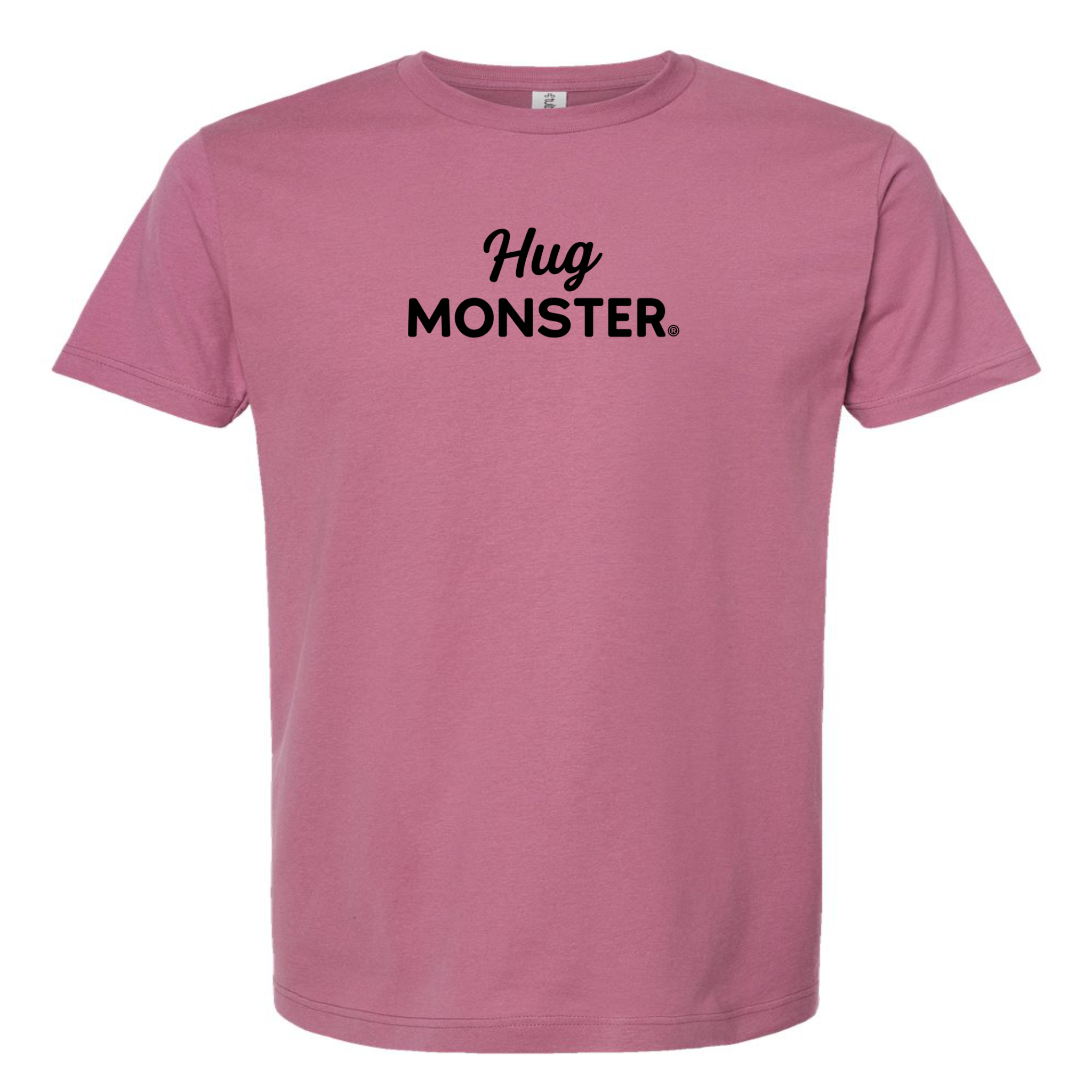 Hug Monster Black Split Script T-Shirt - Positive Message Graphic Tee in Soft Dusty Rose Pink – Front View