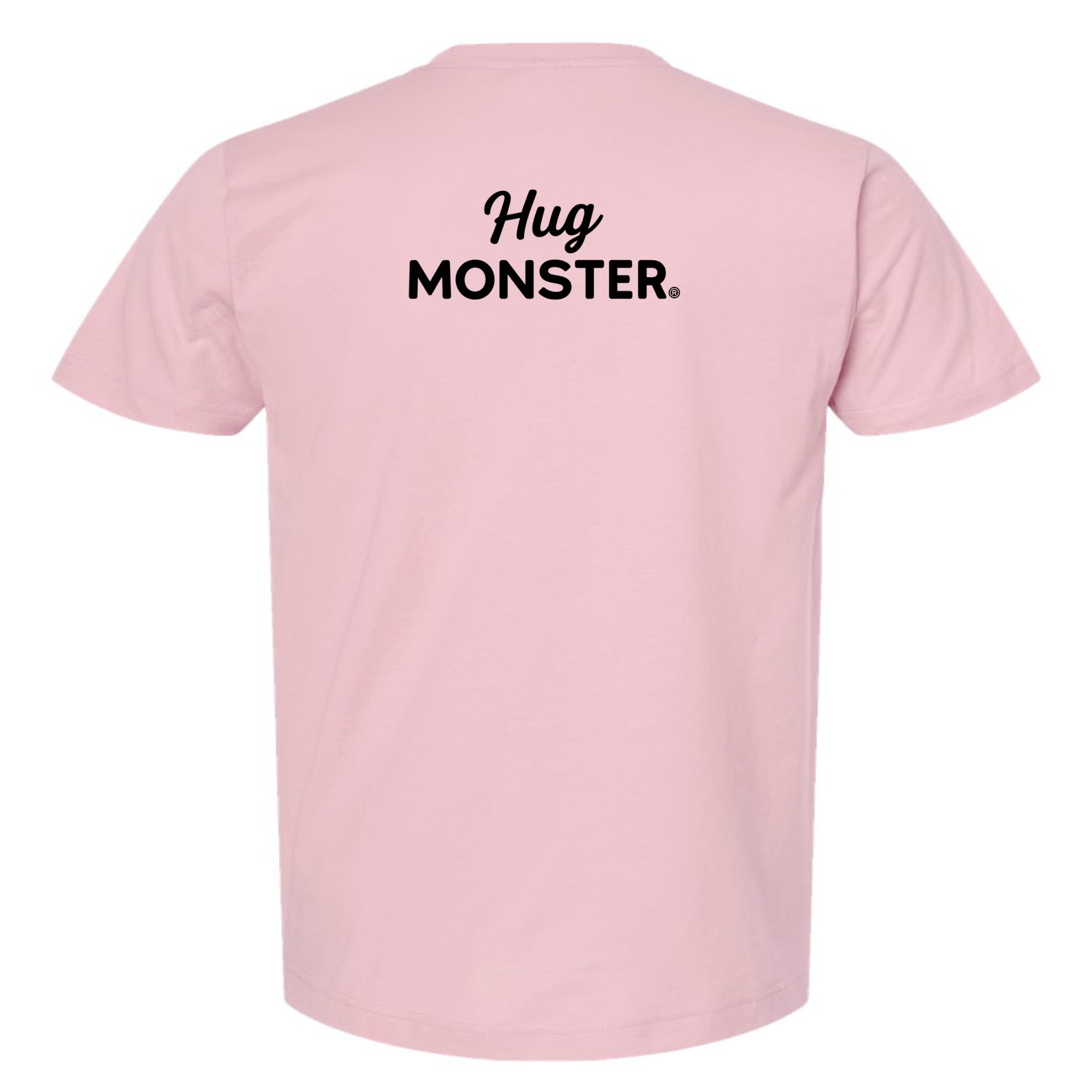 Hug Monster Black Split Script T-Shirt - Positive Message Graphic Tee in Soft Pink – Back View