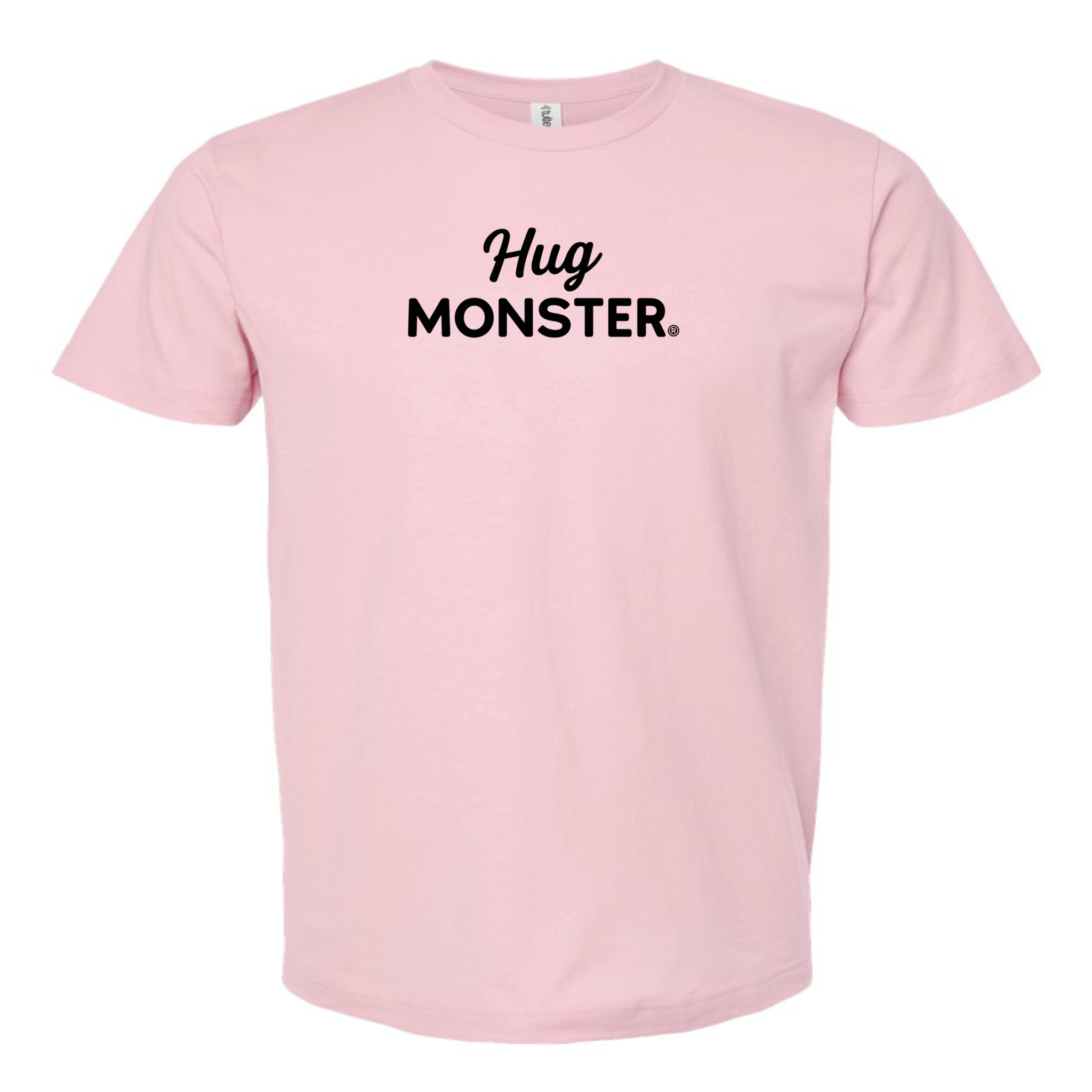 Hug Monster Black Split Script T-Shirt - Positive Message Graphic Tee in Soft Pink – Front View