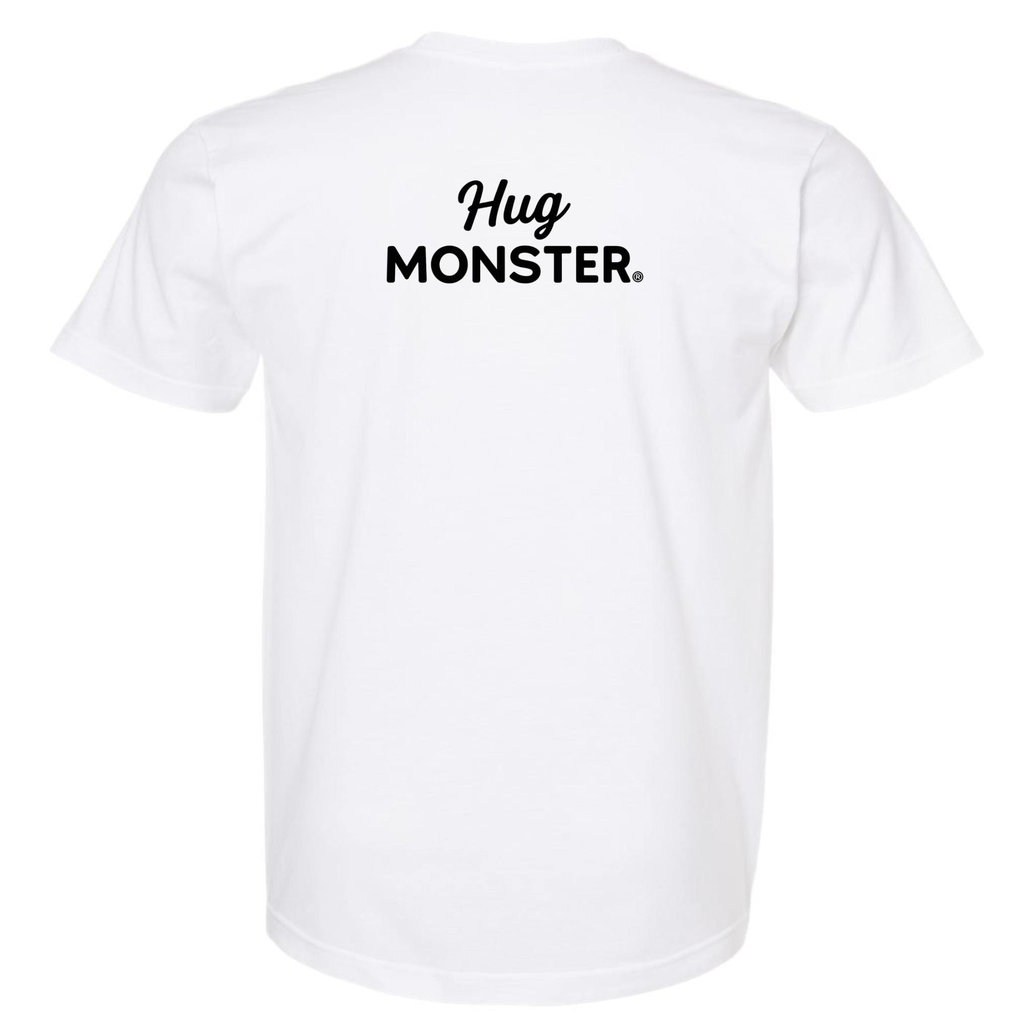 Hug Monster Black Split Script T-Shirt - Positive Message Graphic Tee in White – Back View