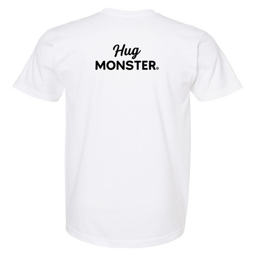 Hug Monster Black Split Script T-Shirt - Positive Message Graphic Tee in White – Back View