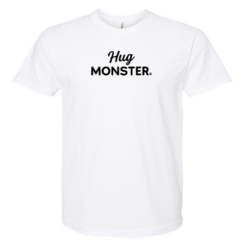 Hug Monster Black Split Script T-Shirt - Positive Message Graphic Tee in White – Front View
