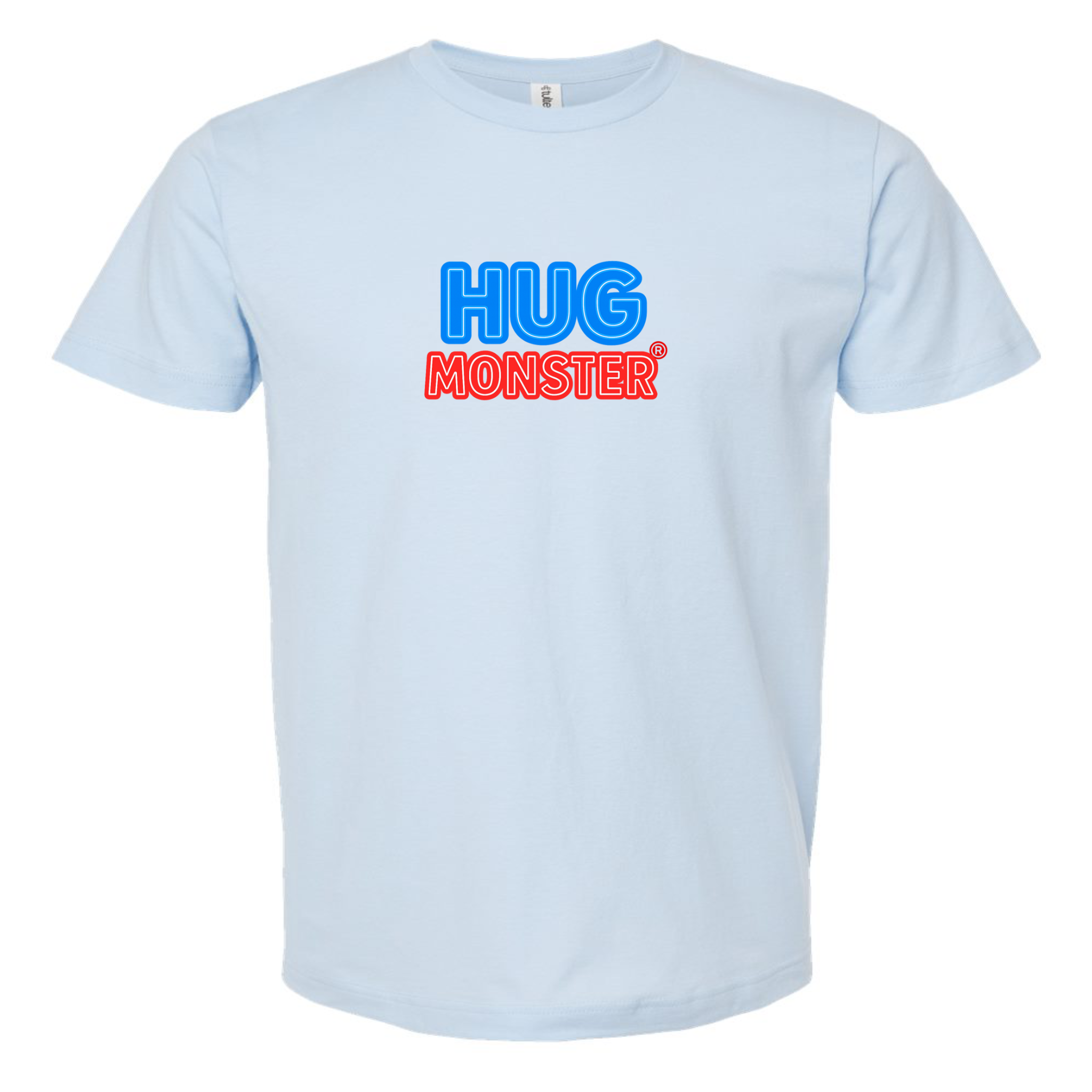 Hug Monster Classic Bold Outline T-Shirt - Positive Message Graphic Tee in Baby Blue – Front View