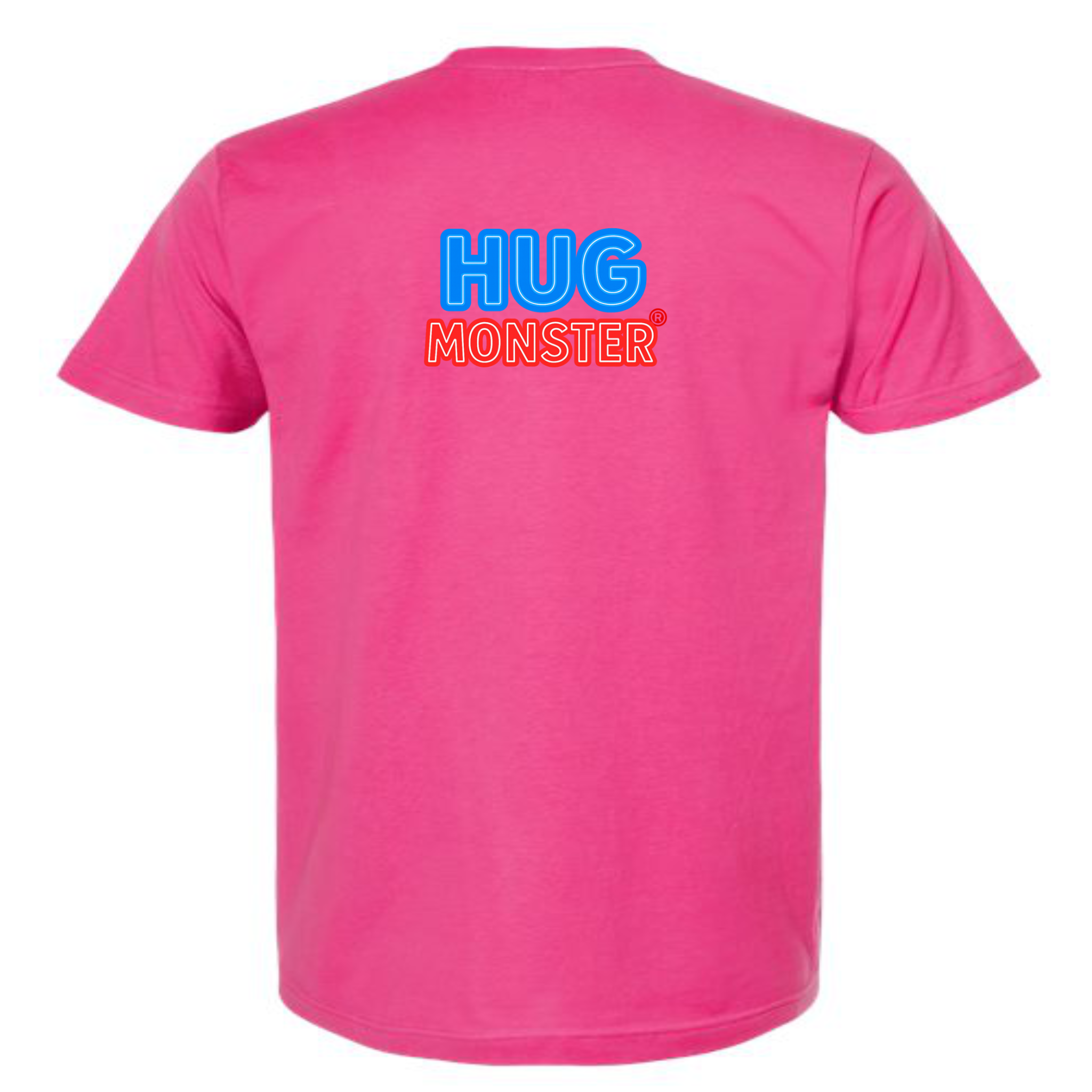 Hug Monster Classic Bold Outline T-Shirt - Positive Message Graphic Tee in Bright Fuscia – Back View