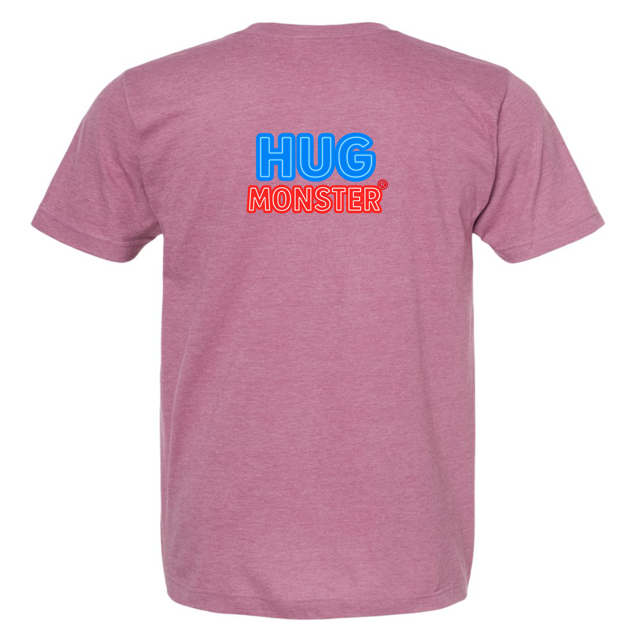 Hug Monster Classic Bold Outline T-Shirt - Positive Message Graphic Tee in Heather Dusty Rose Pink – Back View