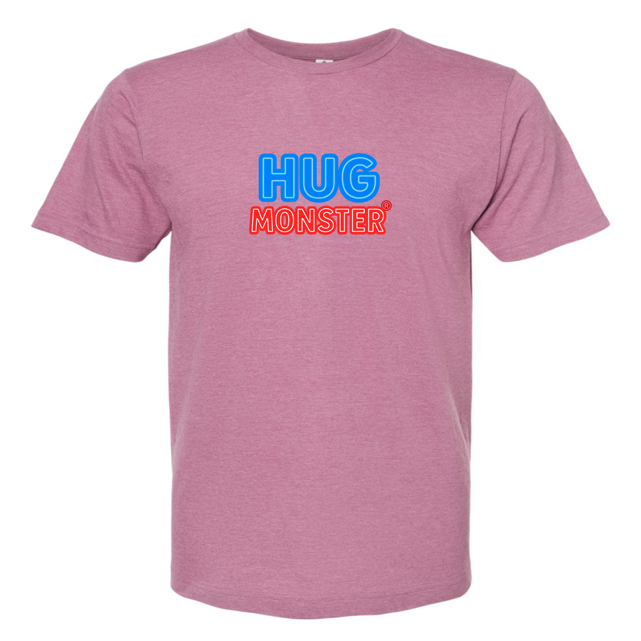 Hug Monster Classic Bold Outline T-Shirt - Positive Message Graphic Tee in Heather Dusty Rose Pink – Front View