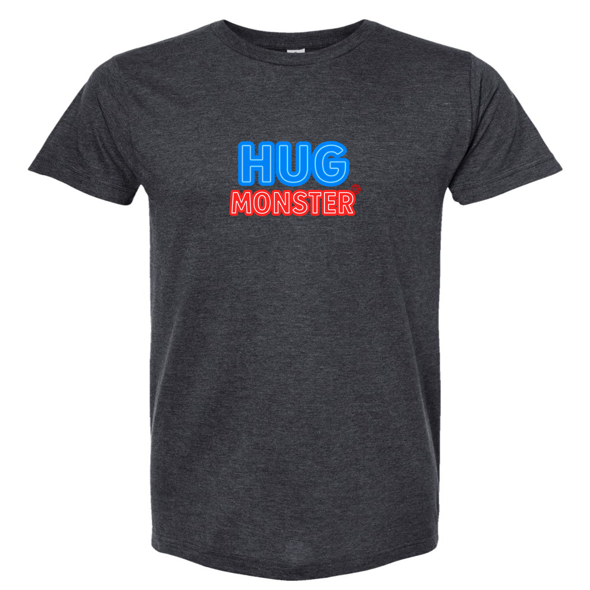Hug Monster Classic Bold Outline T-Shirt - Positive Message Graphic Tee in Heather Graphite – Front View