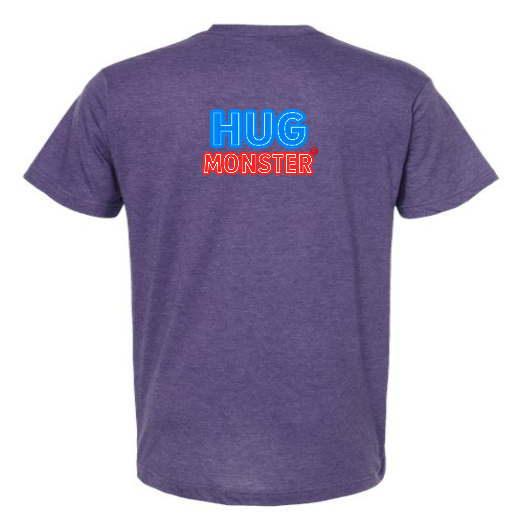 Hug Monster Classic Bold Outline T-Shirt - Positive Message Graphic Tee in Heather Purple – Back View