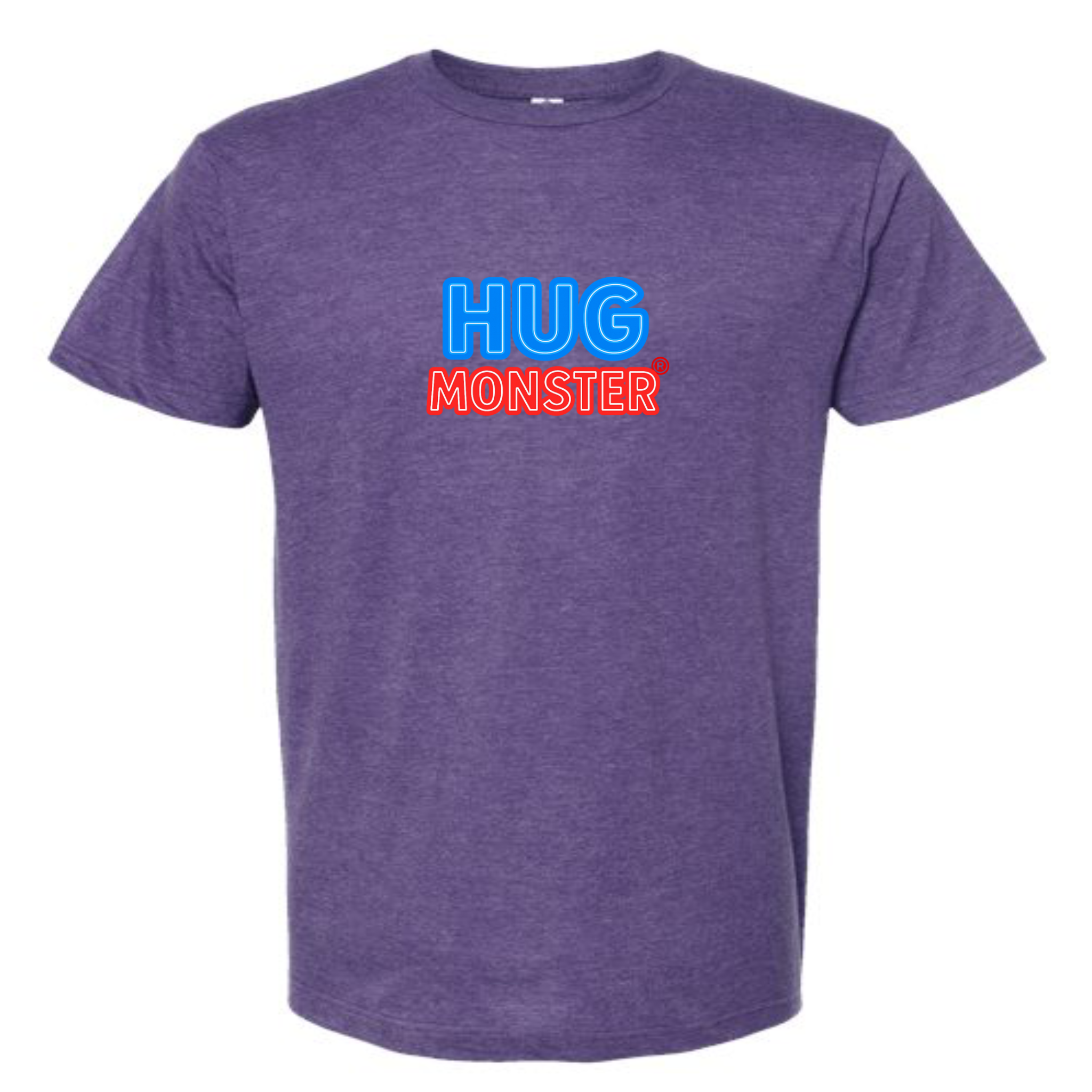Hug Monster Classic Bold Outline T-Shirt - Positive Message Graphic Tee in Heather Purple – Front View
