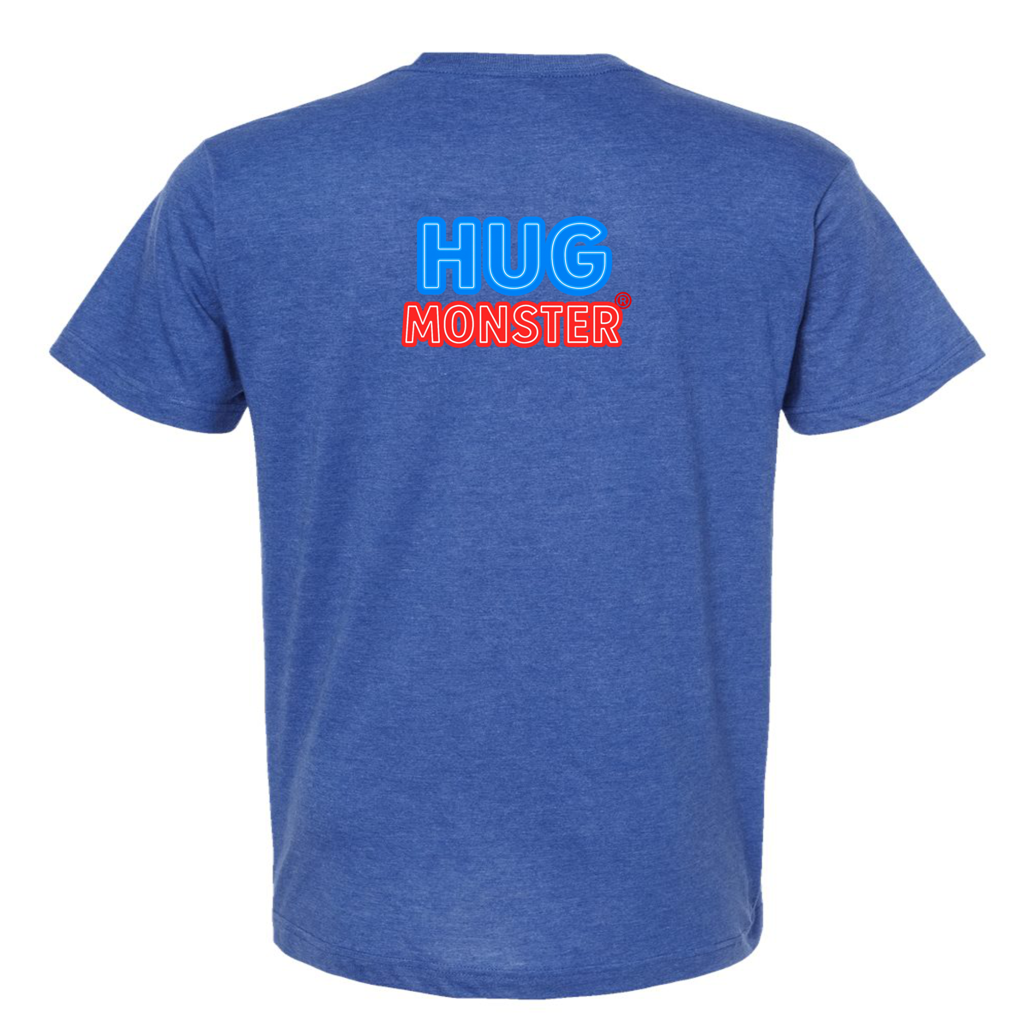 Hug Monster Classic Bold Outline T-Shirt - Positive Message Graphic Tee in Heather Royal Blue – Back View