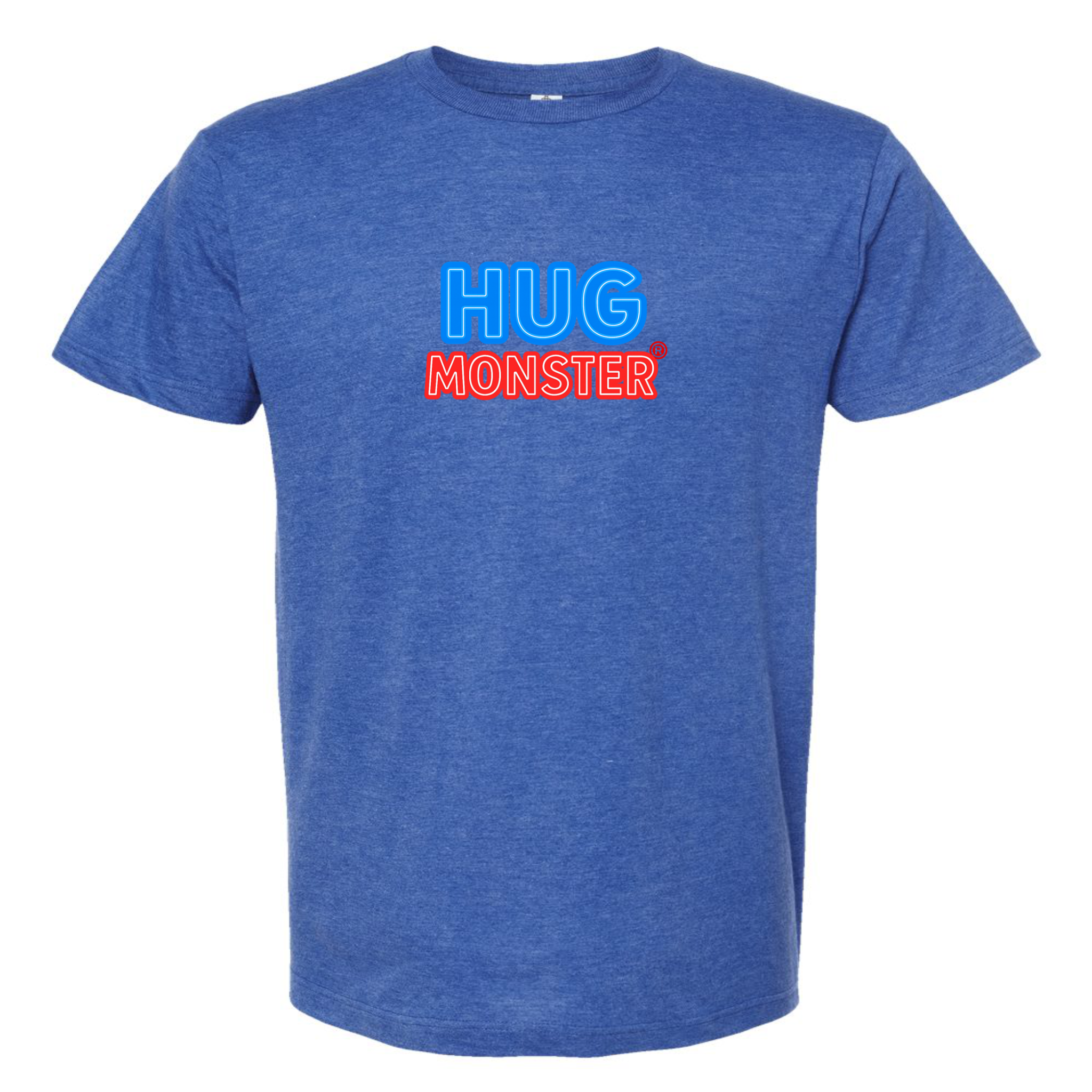 Hug Monster Classic Bold Outline T-Shirt - Positive Message Graphic Tee in Heather Royal Blue – Front View