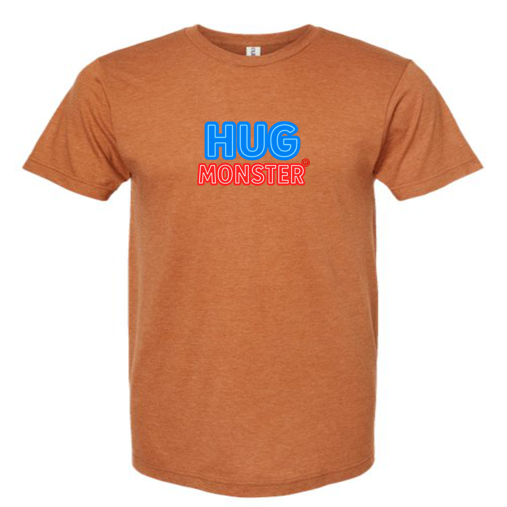Hug Monster Classic Bold Outline T-Shirt - Positive Message Graphic Tee in Heather Rust – Front View