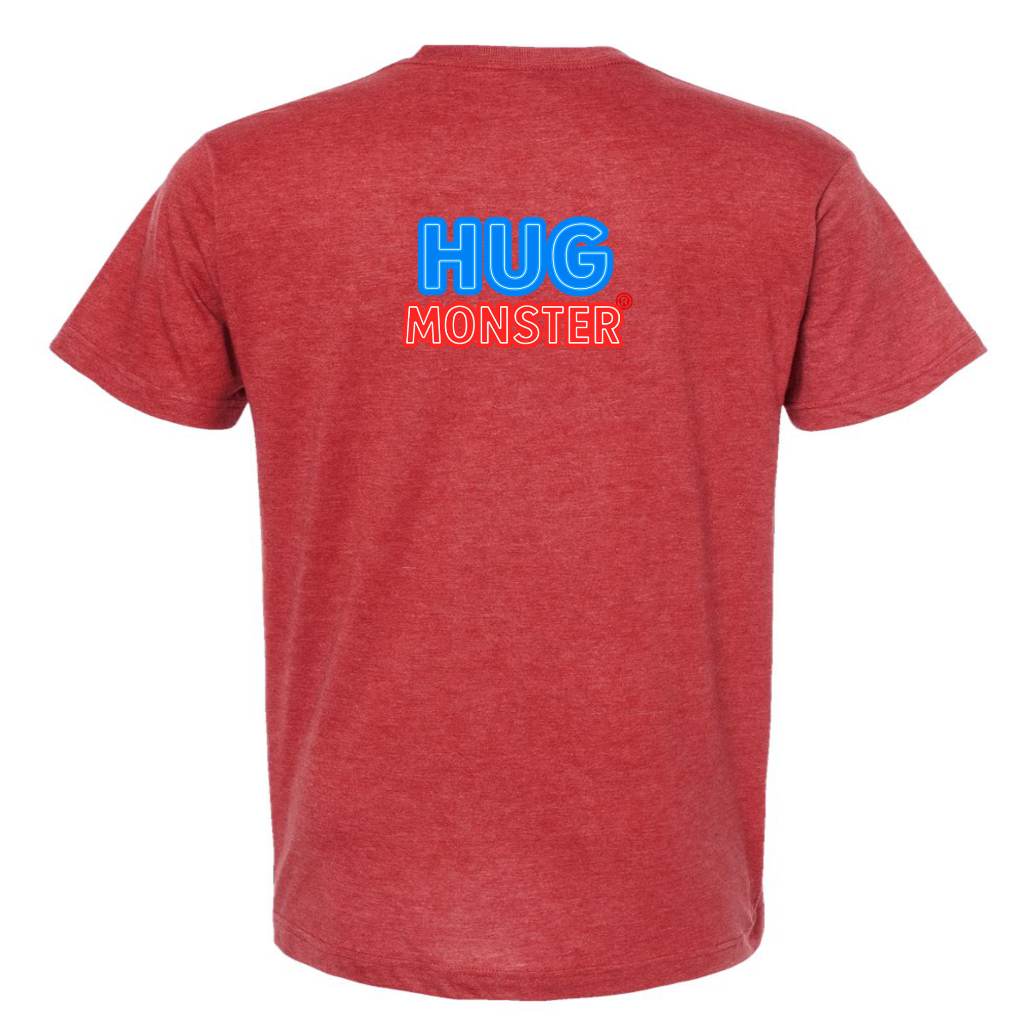 Hug Monster Classic Bold Outline T-Shirt - Positive Message Graphic Tee in Heather Scarlet Red – Back View