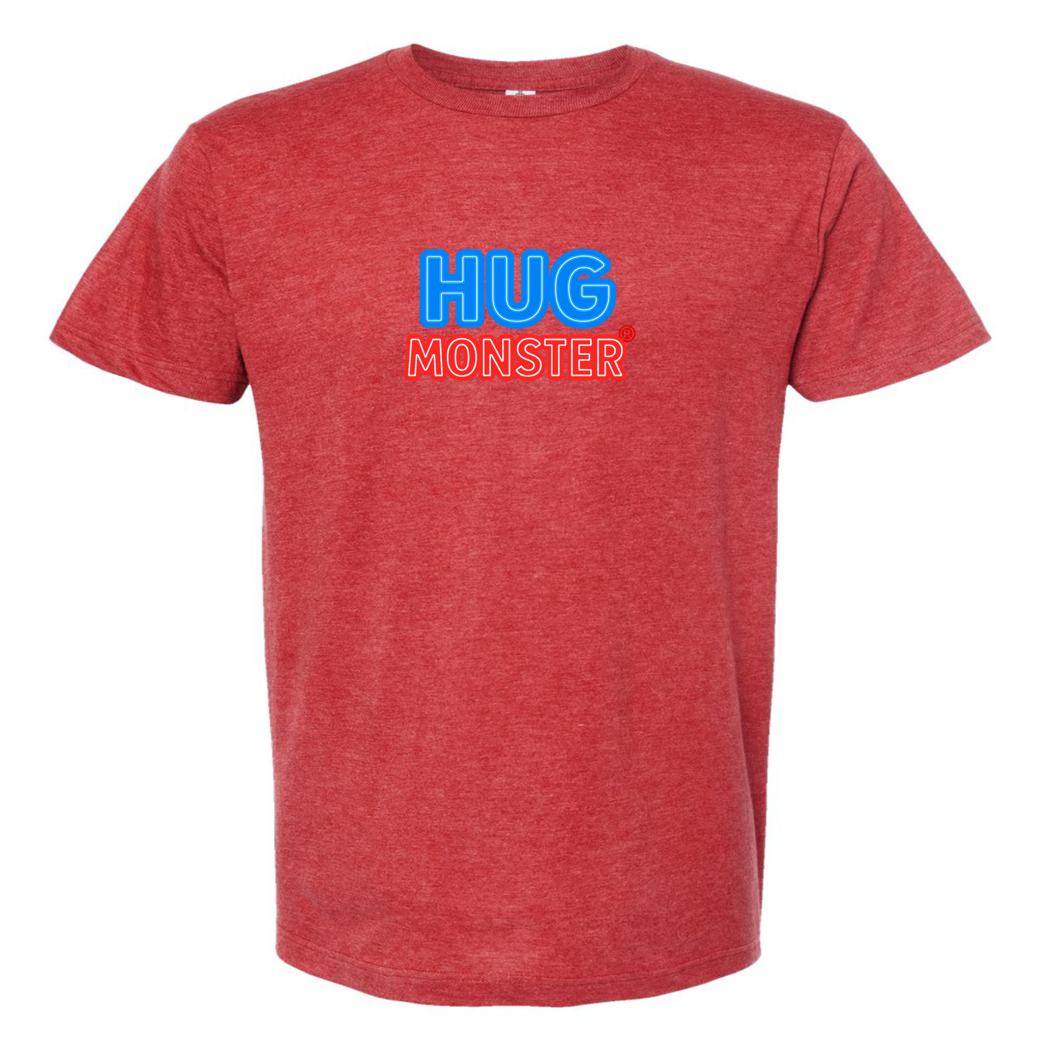 Hug Monster Classic Bold Outline T-Shirt - Positive Message Graphic Tee in Heather Scarlet Red – Front View