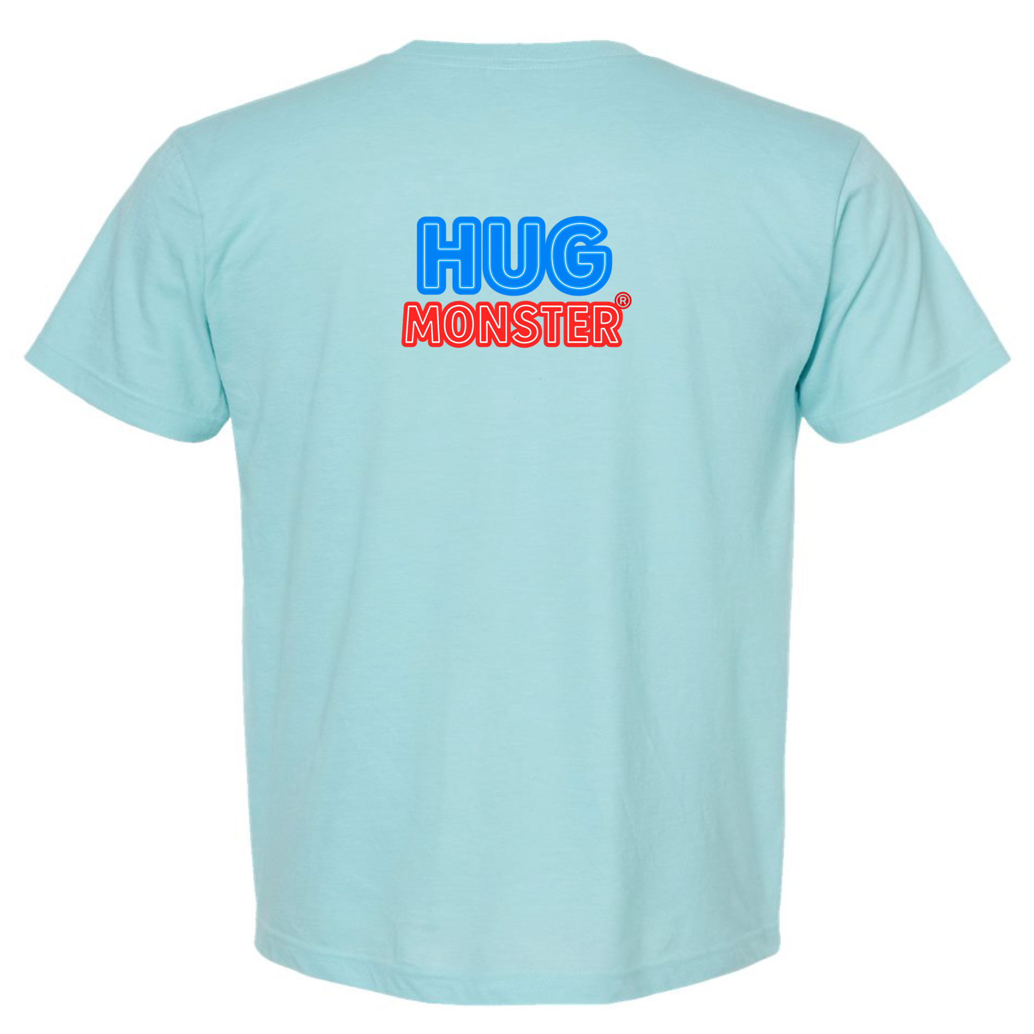Hug Monster Classic Bold Outline T-Shirt - Positive Message Graphic Tee in Heather Turquoise – Back View
