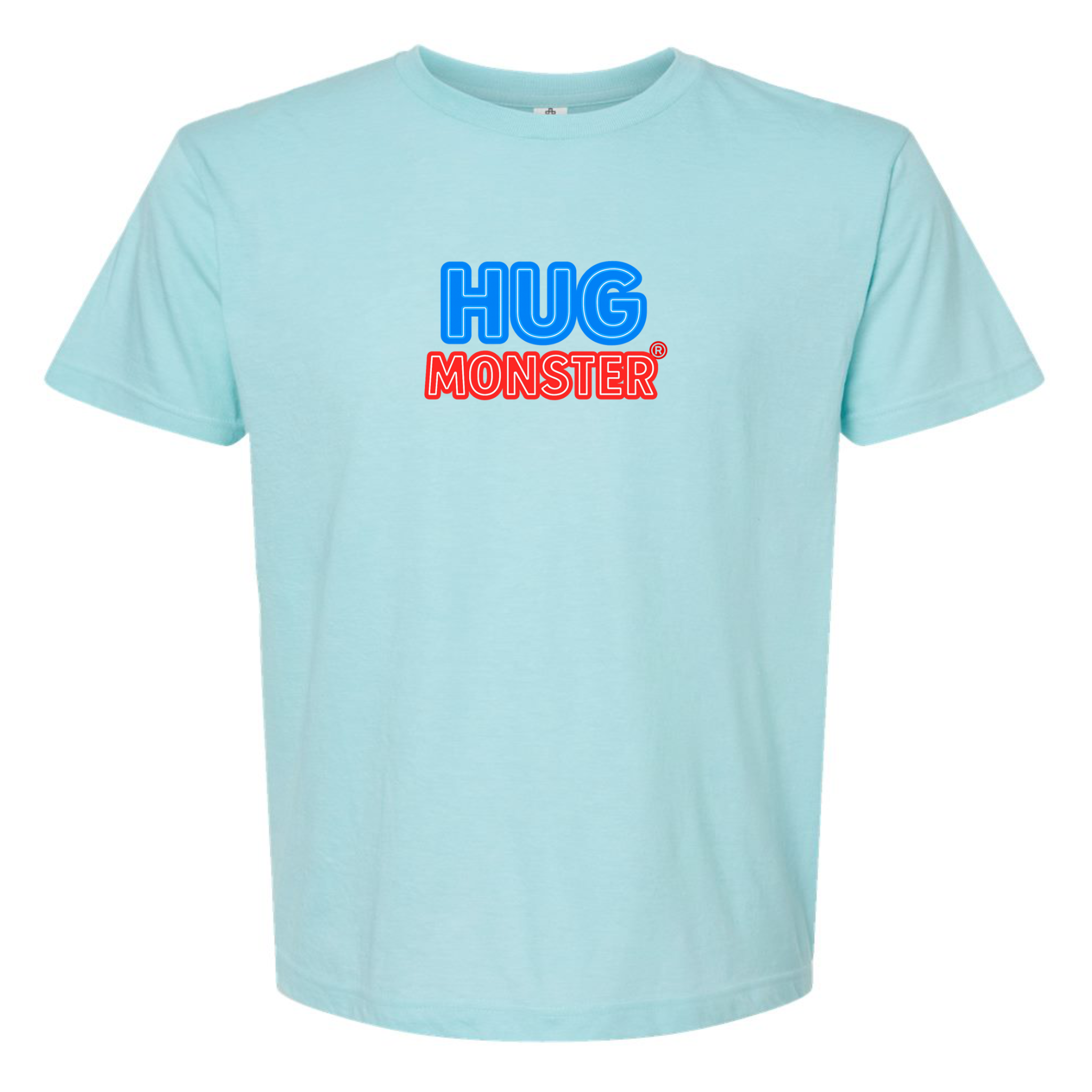 Hug Monster Classic Bold Outline T-Shirt - Positive Message Graphic Tee in Heather Turquoise – Front View